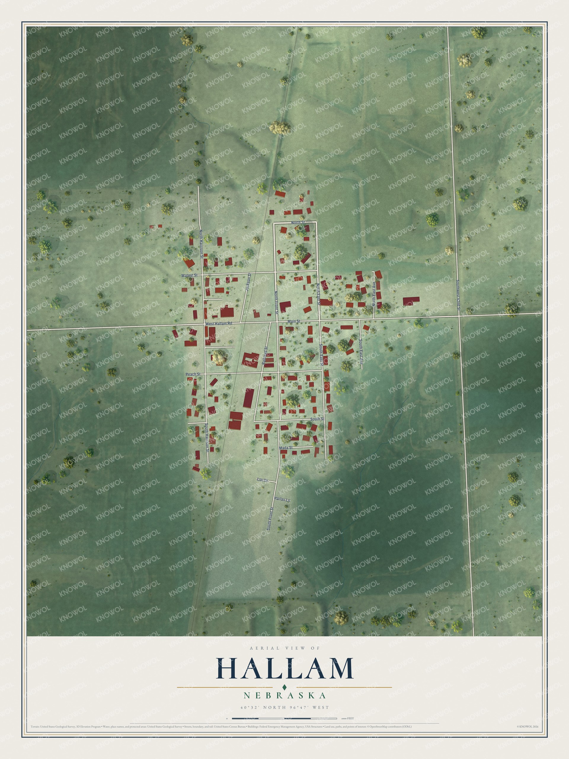Full map of Hallam, Nebraska, with red buildings, printed street names and the land around them