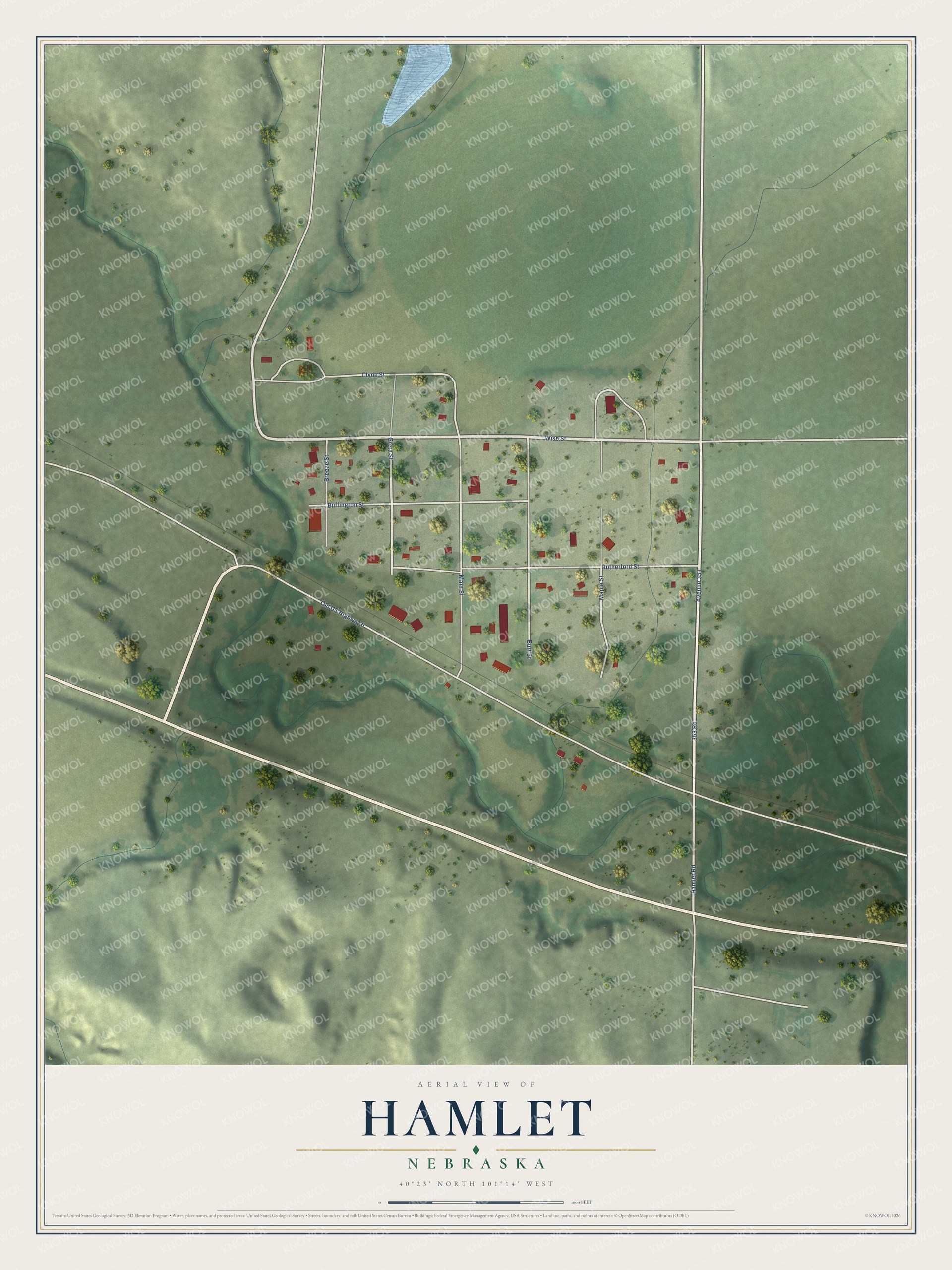 Full map of Hamlet, Nebraska, with red buildings, printed street names and the land around them