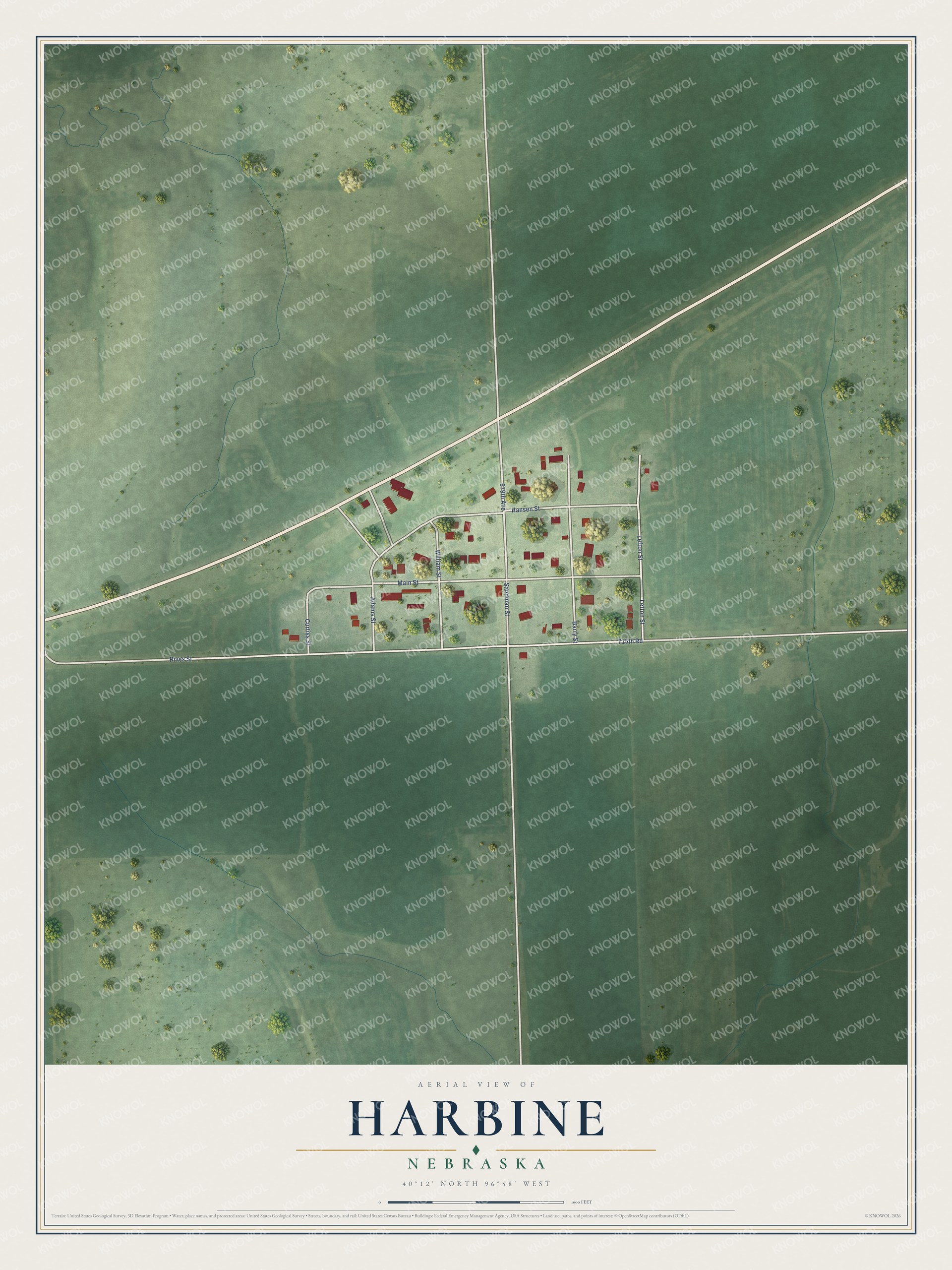 Full map of Harbine, Nebraska, with red buildings, printed street names and the land around them