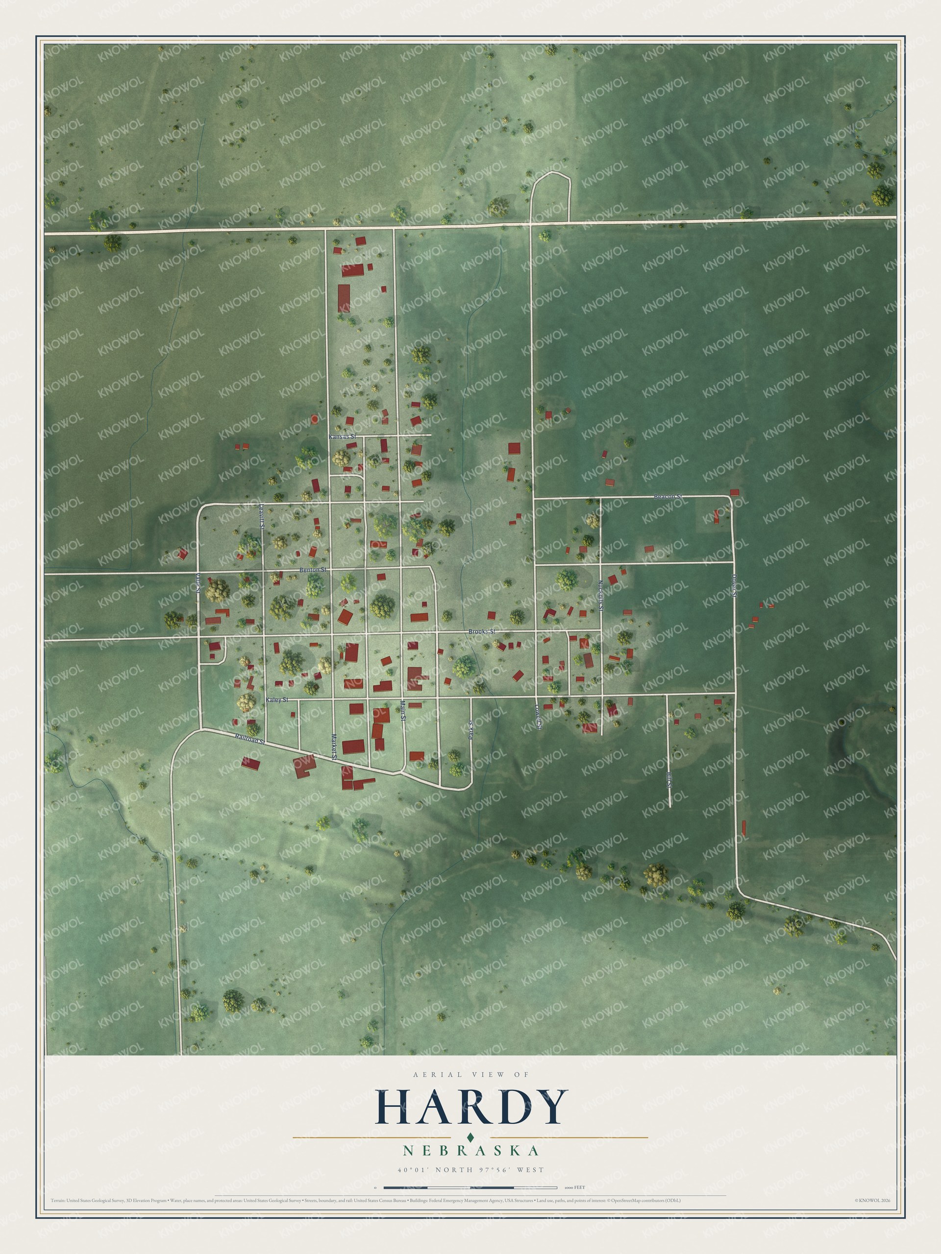 Full map of Hardy, Nebraska, with red buildings, printed street names and the land around them