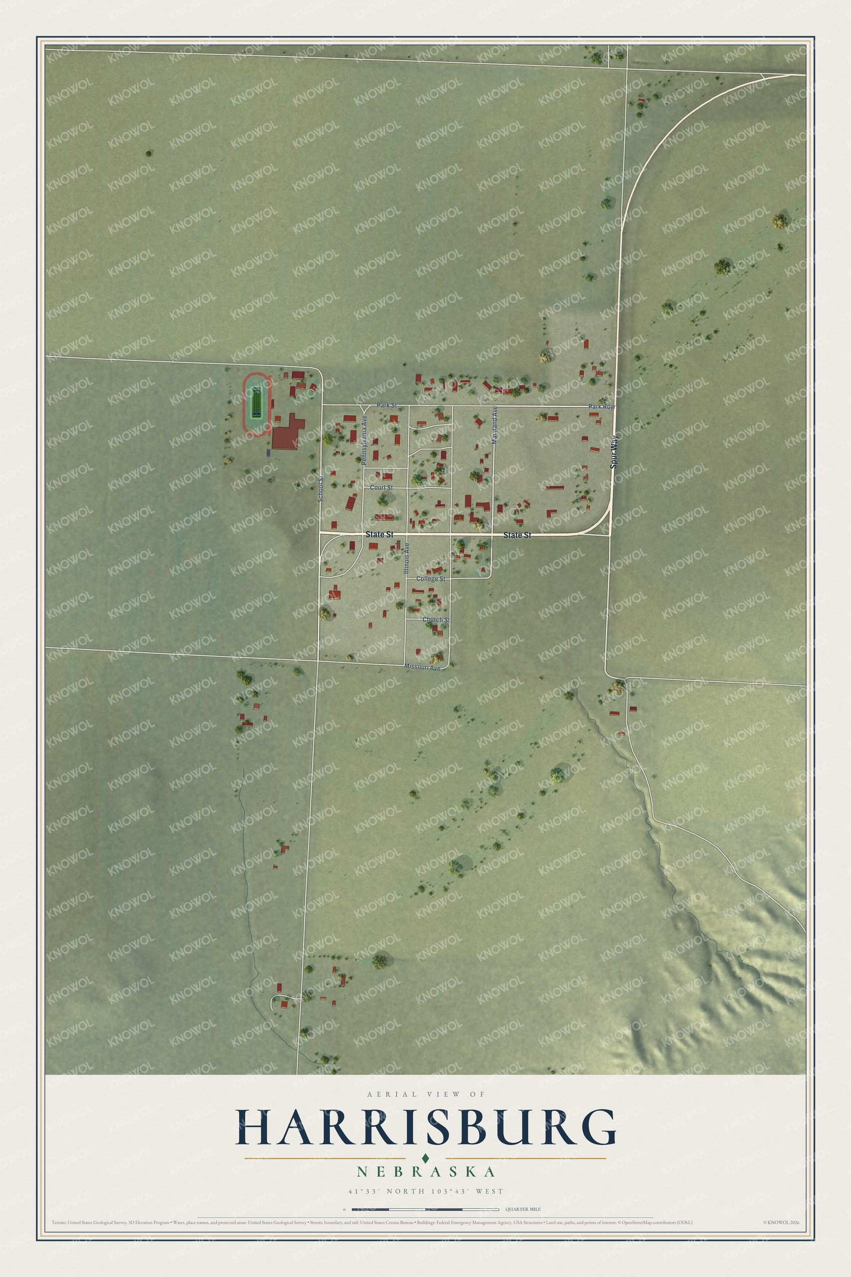 Full map of Harrisburg, Nebraska, with red buildings, printed street names and the land around them