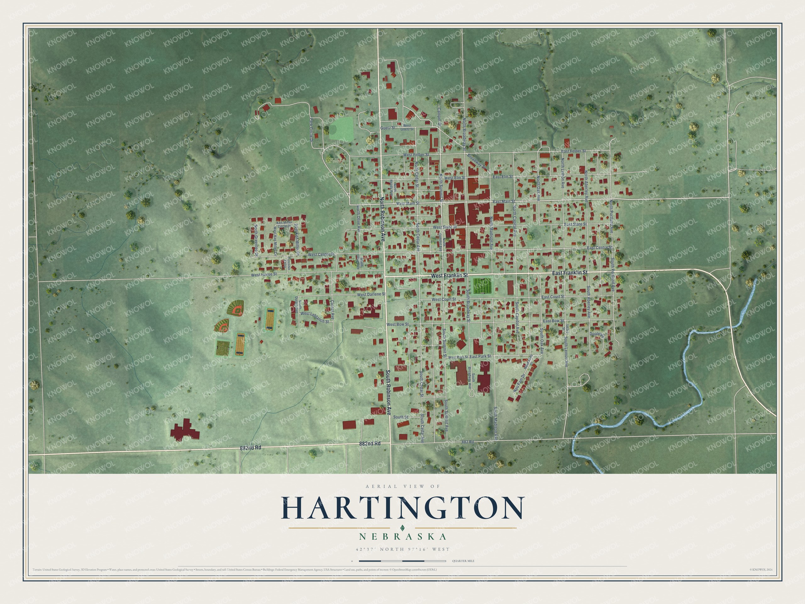 Full map of Hartington, Nebraska, with red buildings, printed street names and the land around them