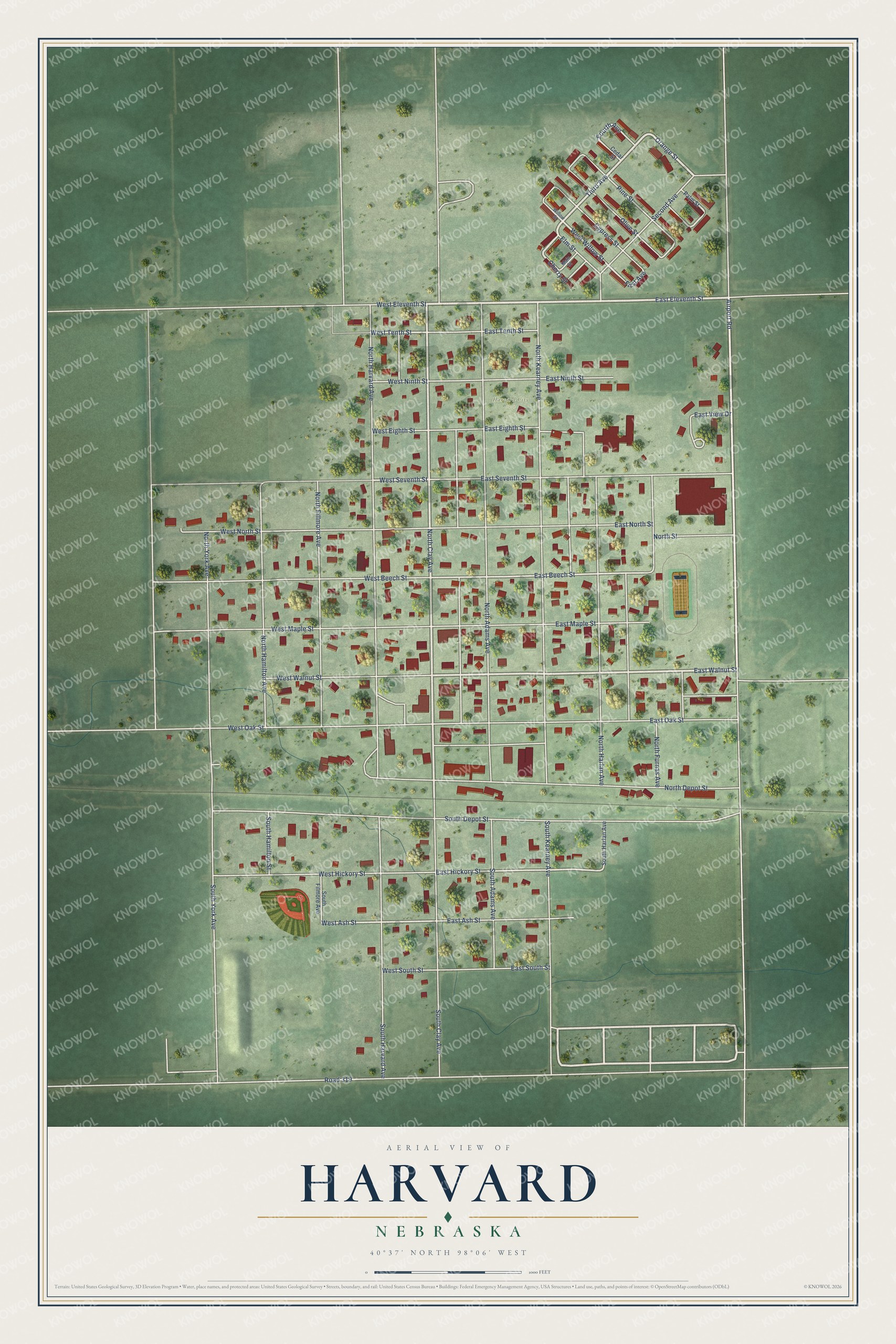 Full map of Harvard, Nebraska, with red buildings, printed street names and the land around them