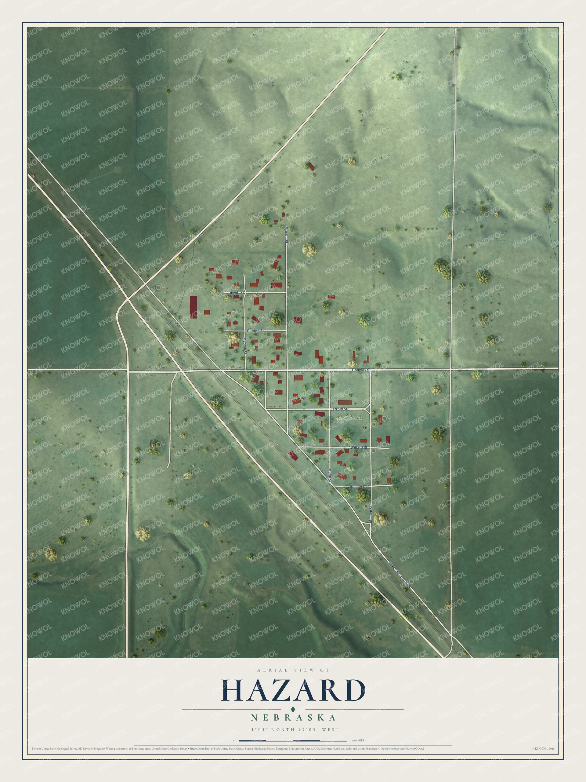Full map of Hazard, Nebraska, with red buildings, printed street names and the land around them