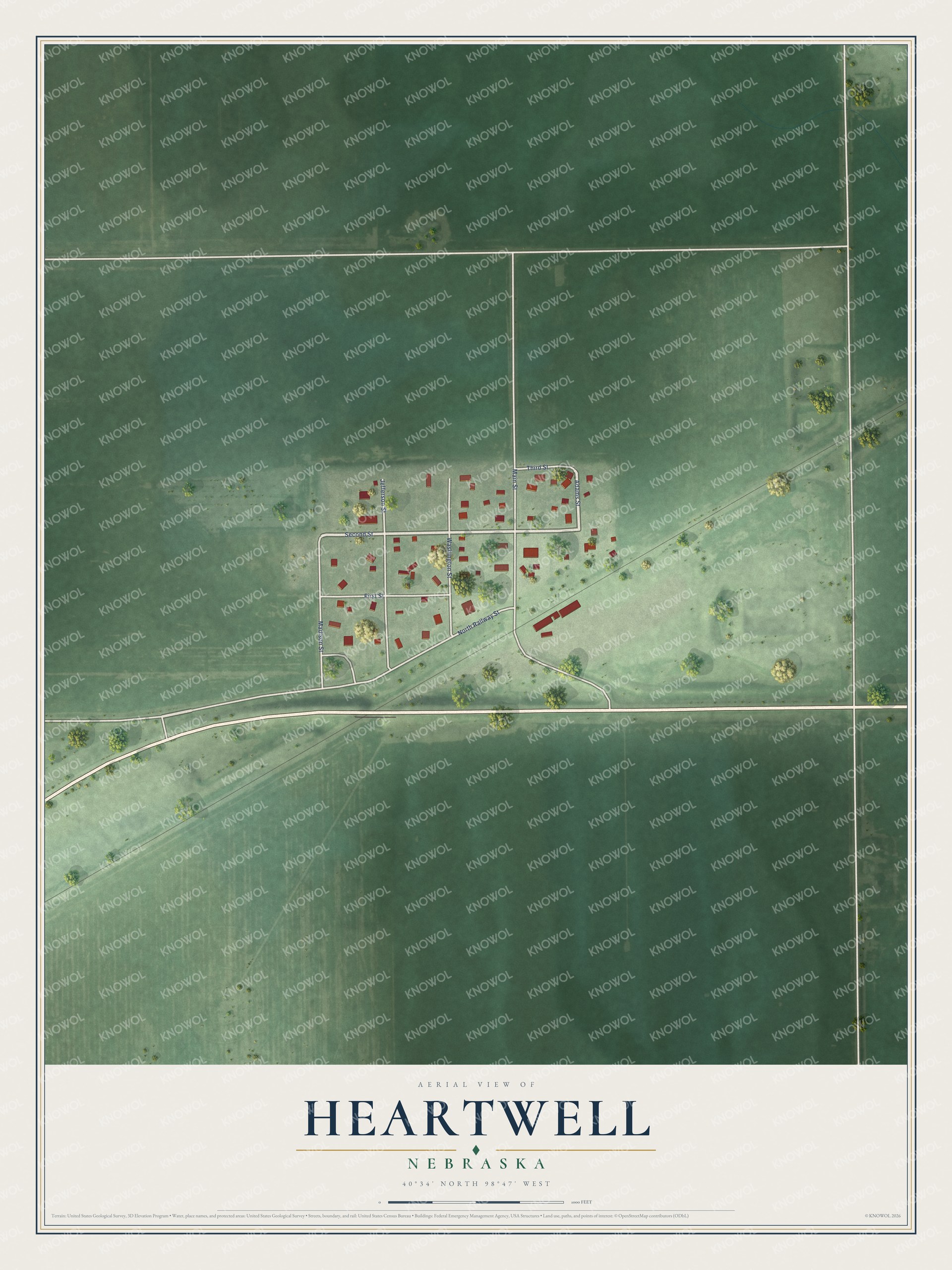 Full map of Heartwell, Nebraska, with red buildings, printed street names and the land around them