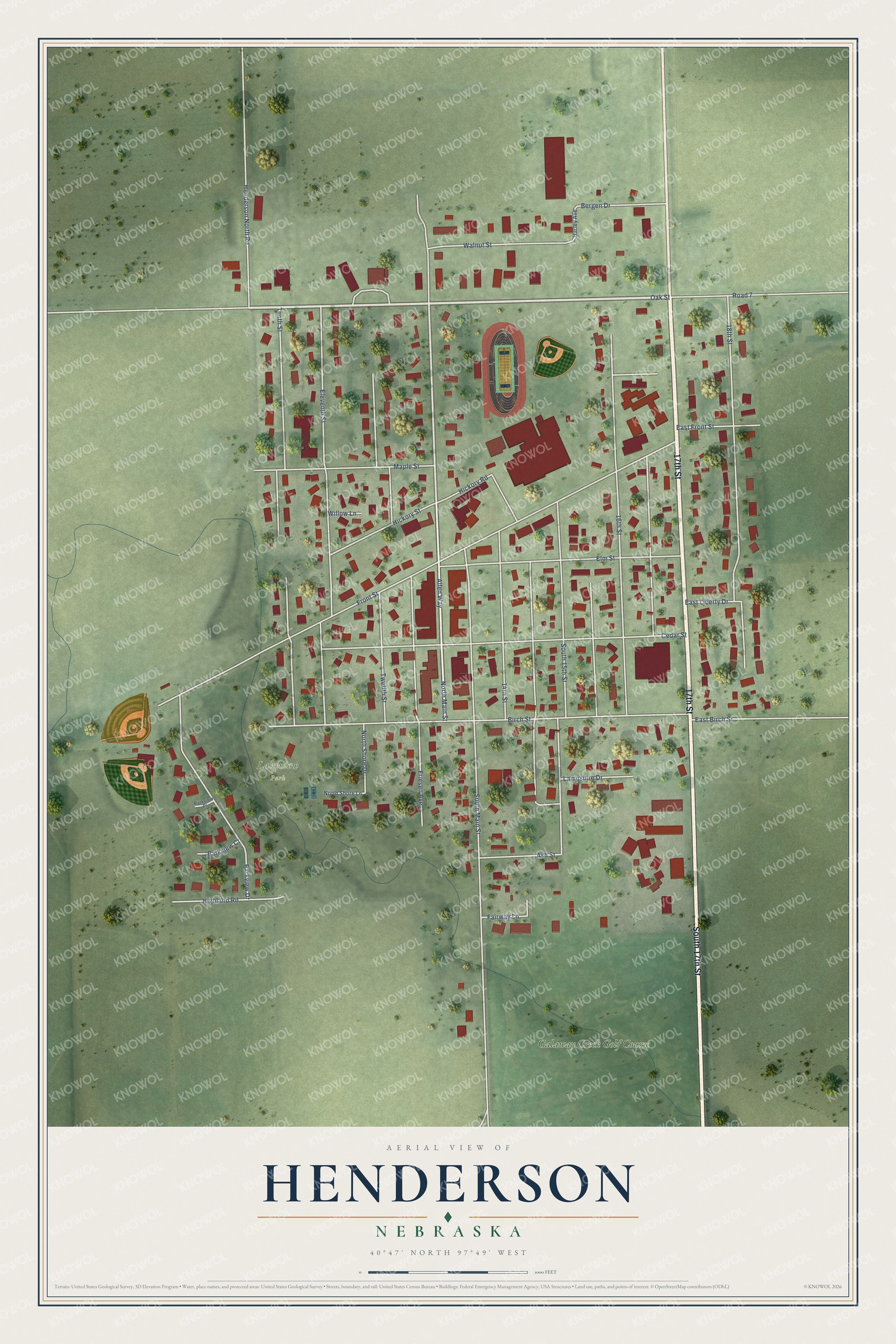 Full map of Henderson, Nebraska, with red buildings, printed street names and the land around them