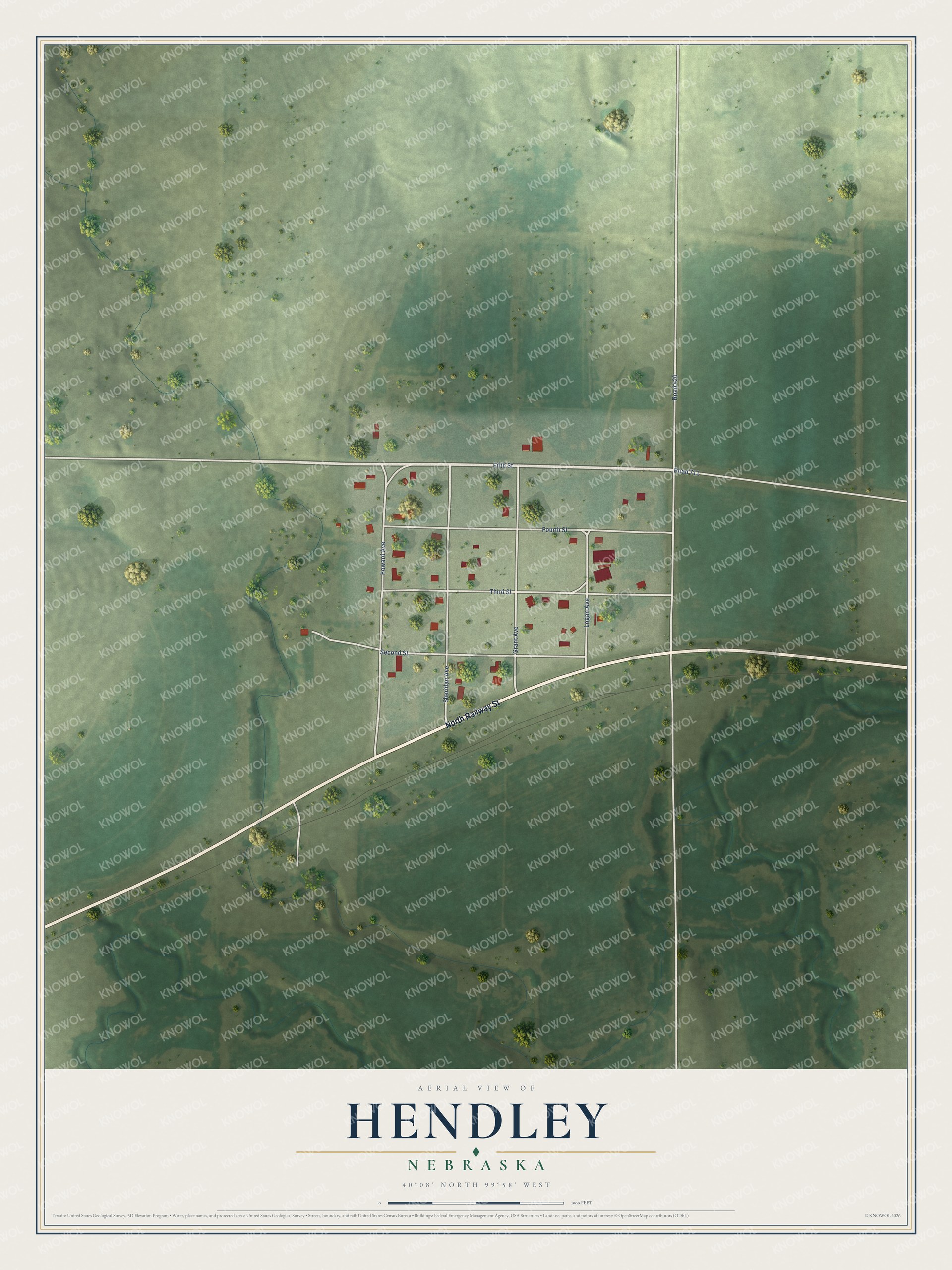Full map of Hendley, Nebraska, with red buildings, printed street names and the land around them