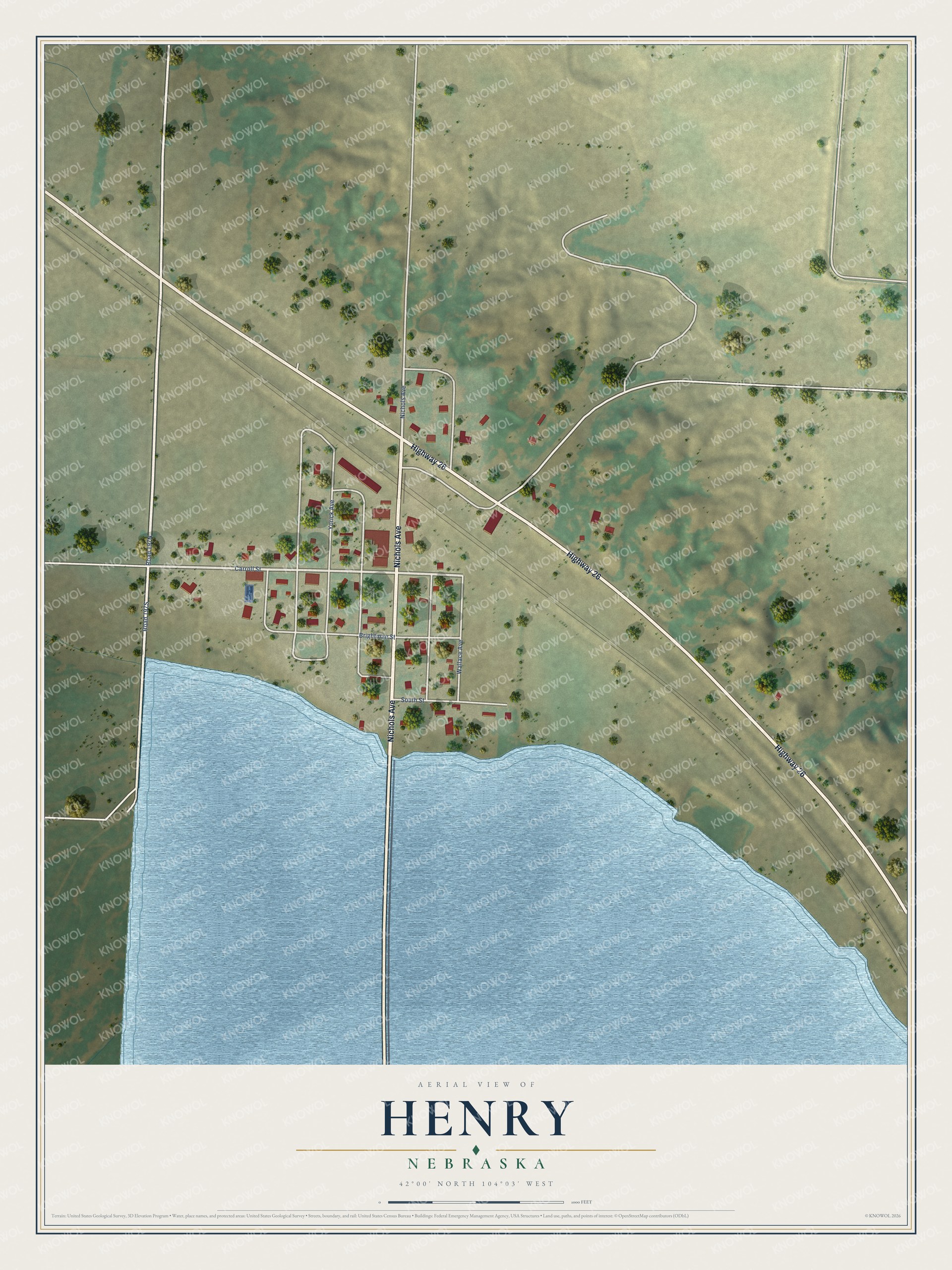 Full map of Henry, Nebraska, with red buildings, printed street names and the land around them