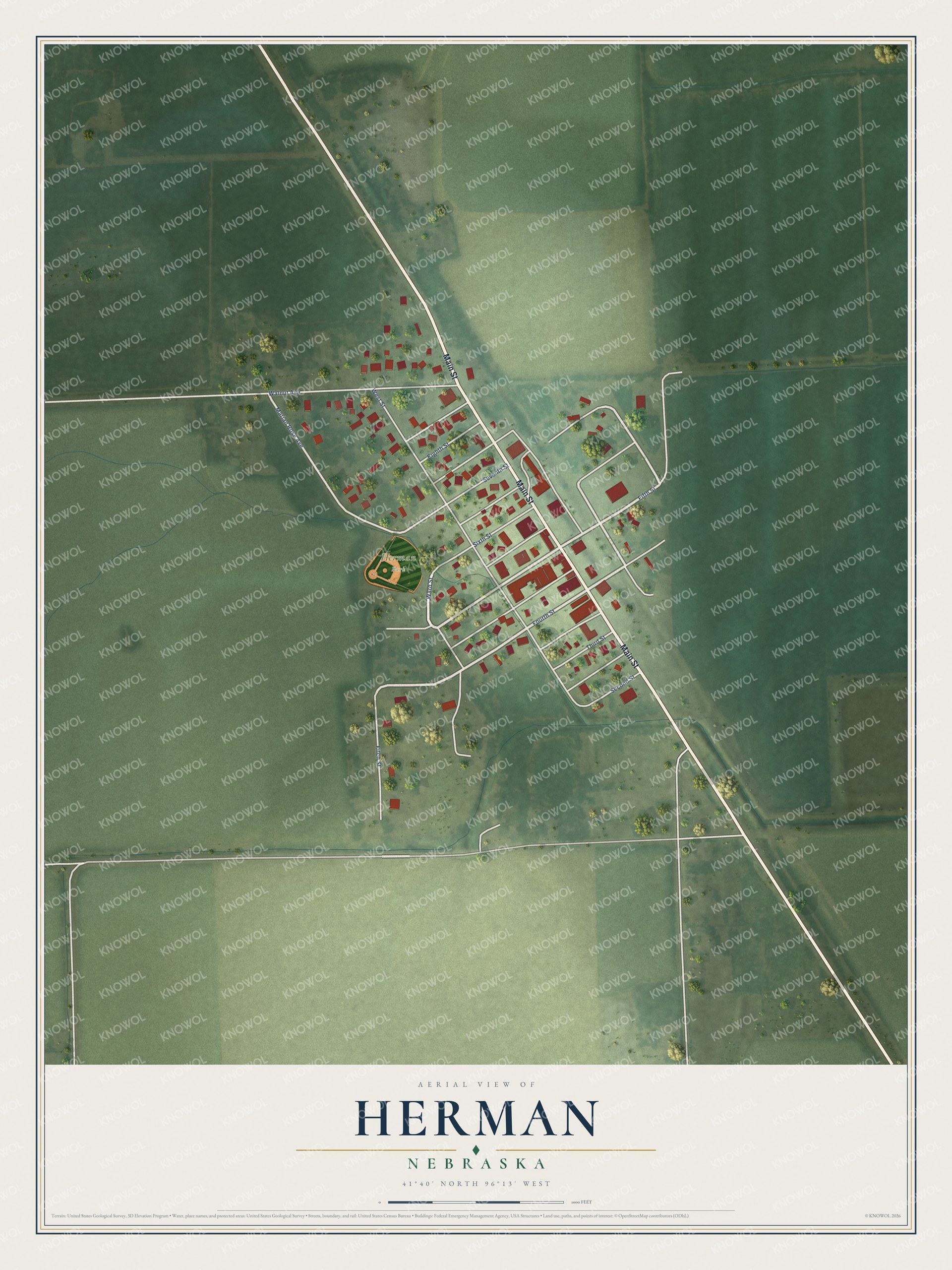 Full map of Herman, Nebraska, with red buildings, printed street names and the land around them