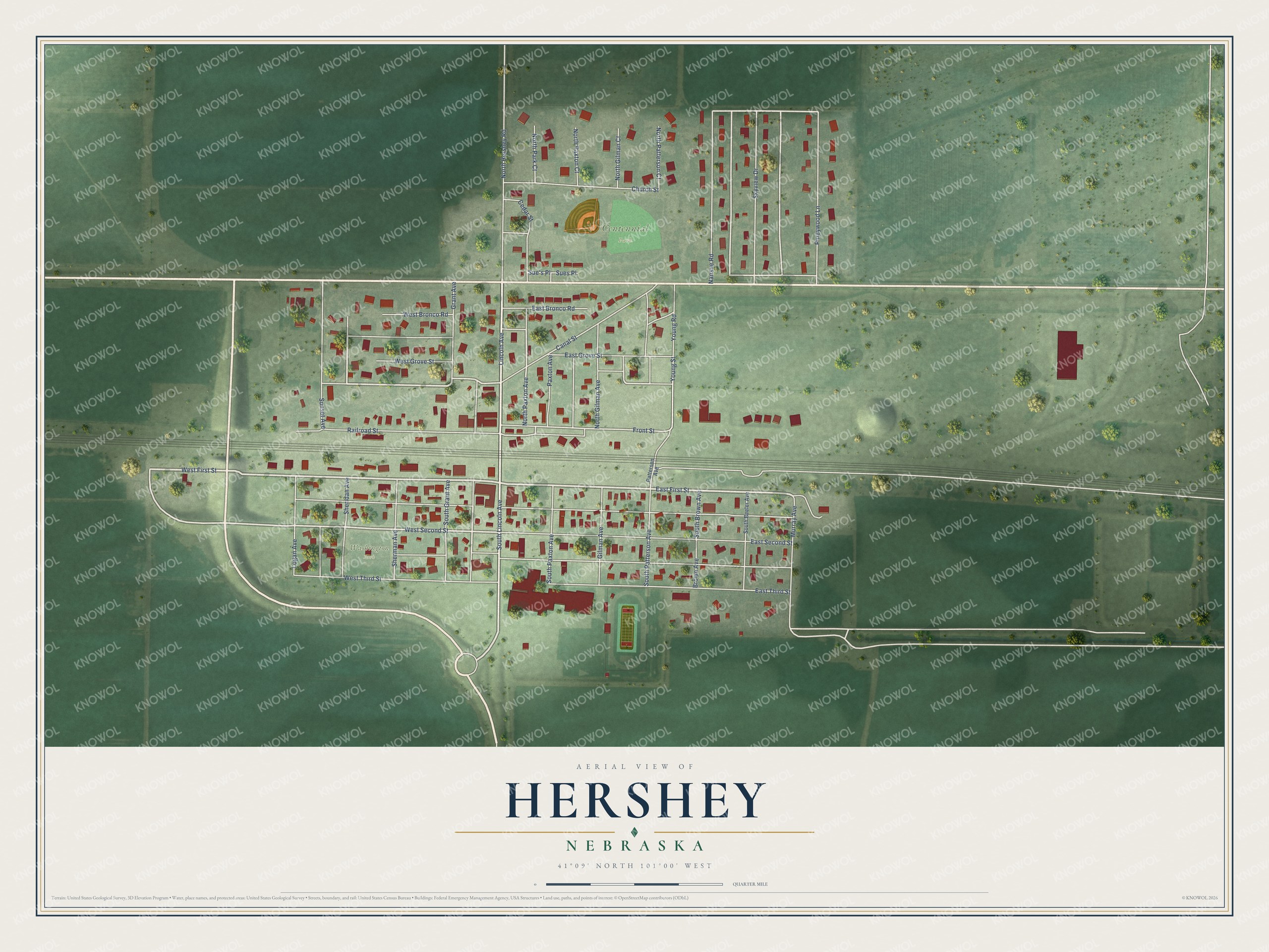 Full map of Hershey, Nebraska, with red buildings, printed street names and the land around them