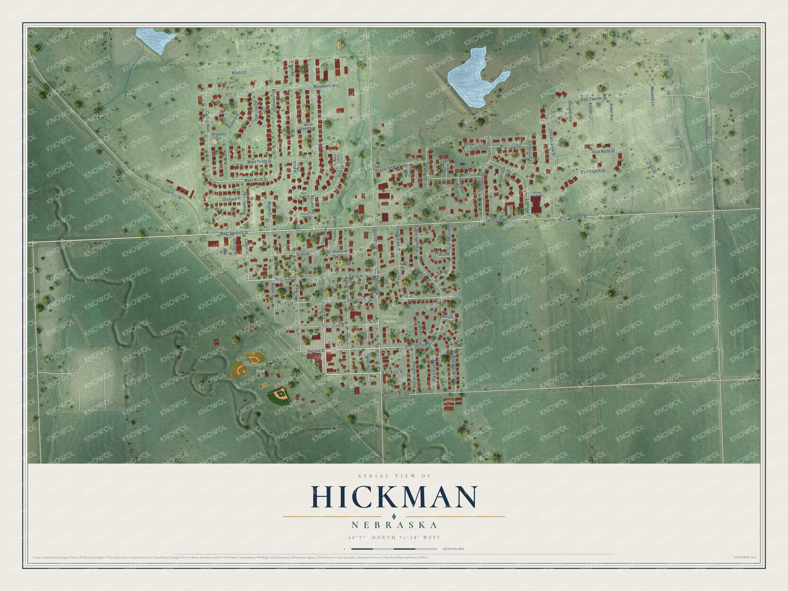 Full map of Hickman, Nebraska, with red buildings, printed street names and the land around them