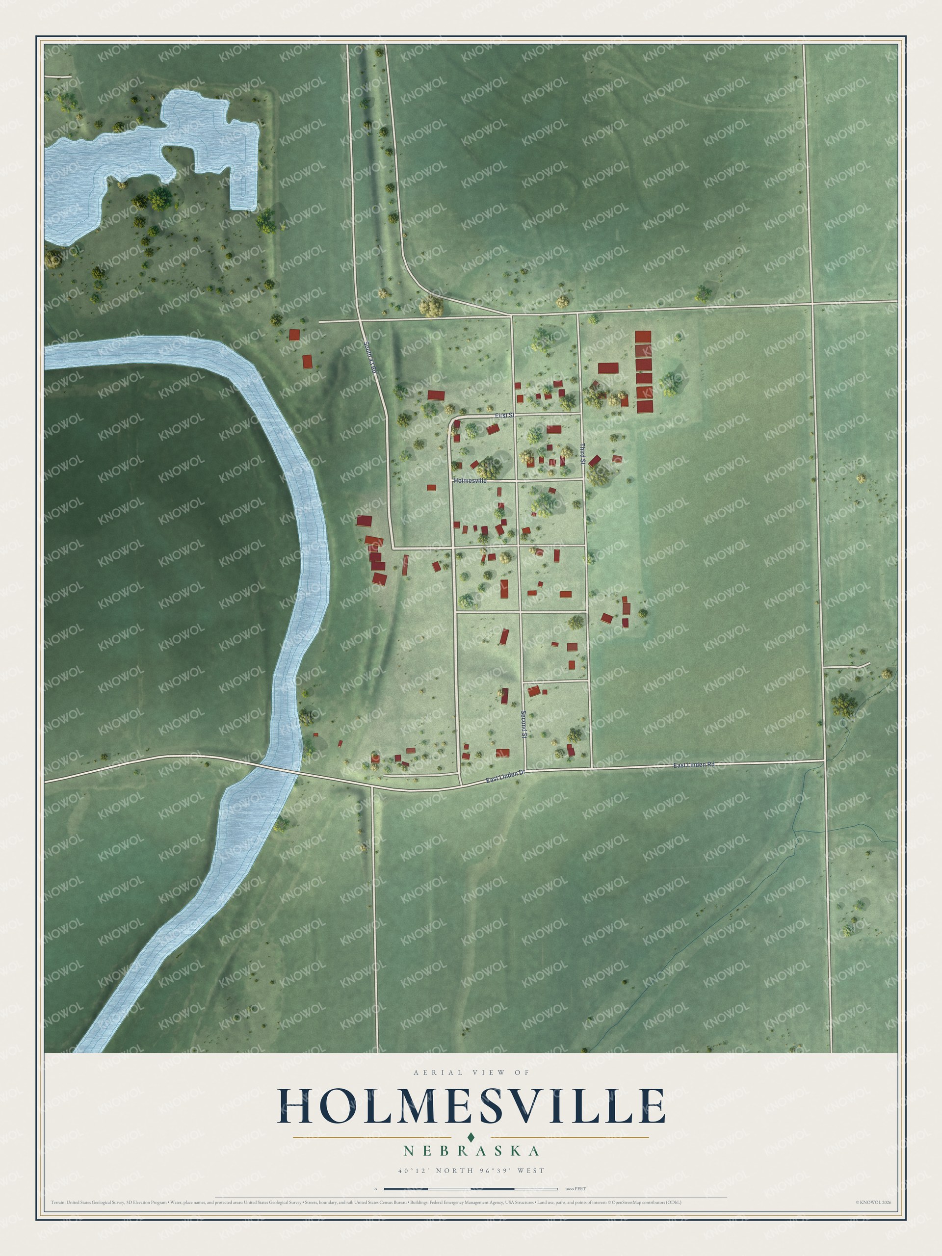 Full map of Holmesville, Nebraska, with red buildings, printed street names and the land around them