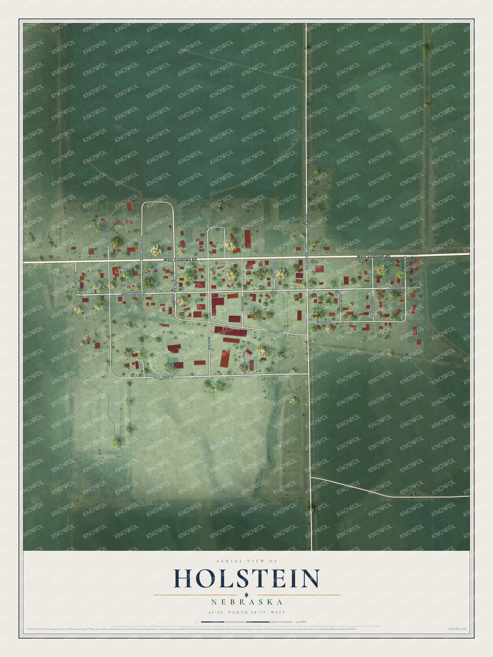 Full map of Holstein, Nebraska, with red buildings, printed street names and the land around them