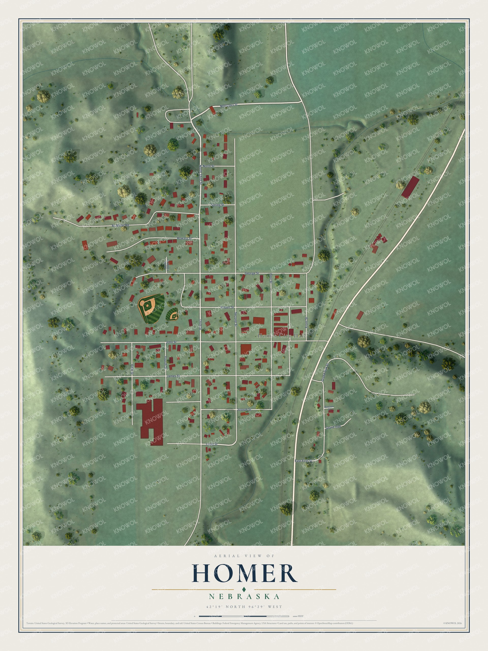 Full map of Homer, Nebraska, with red buildings, printed street names and the land around them