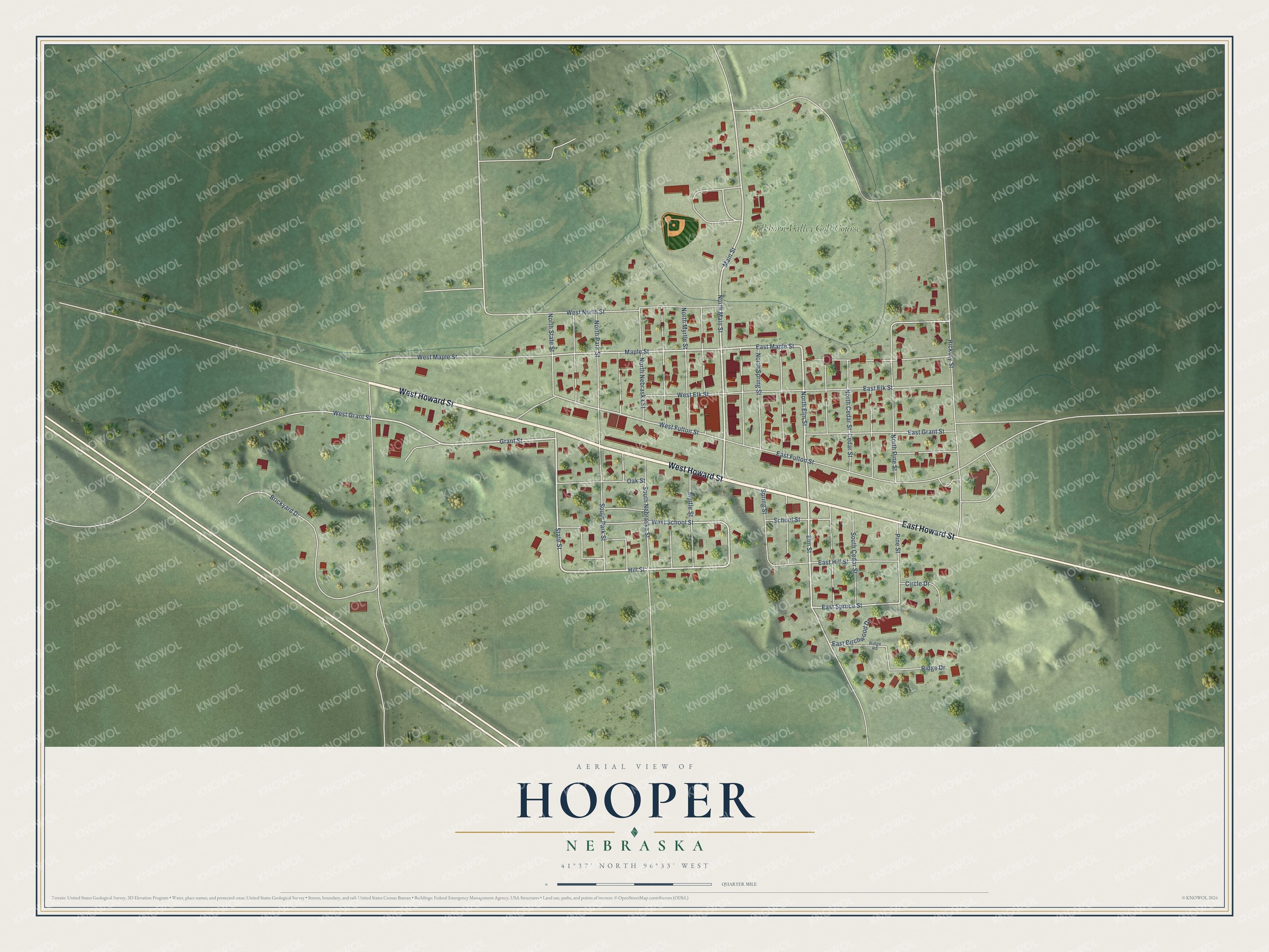 Full map of Hooper, Nebraska, with red buildings, printed street names and the land around them