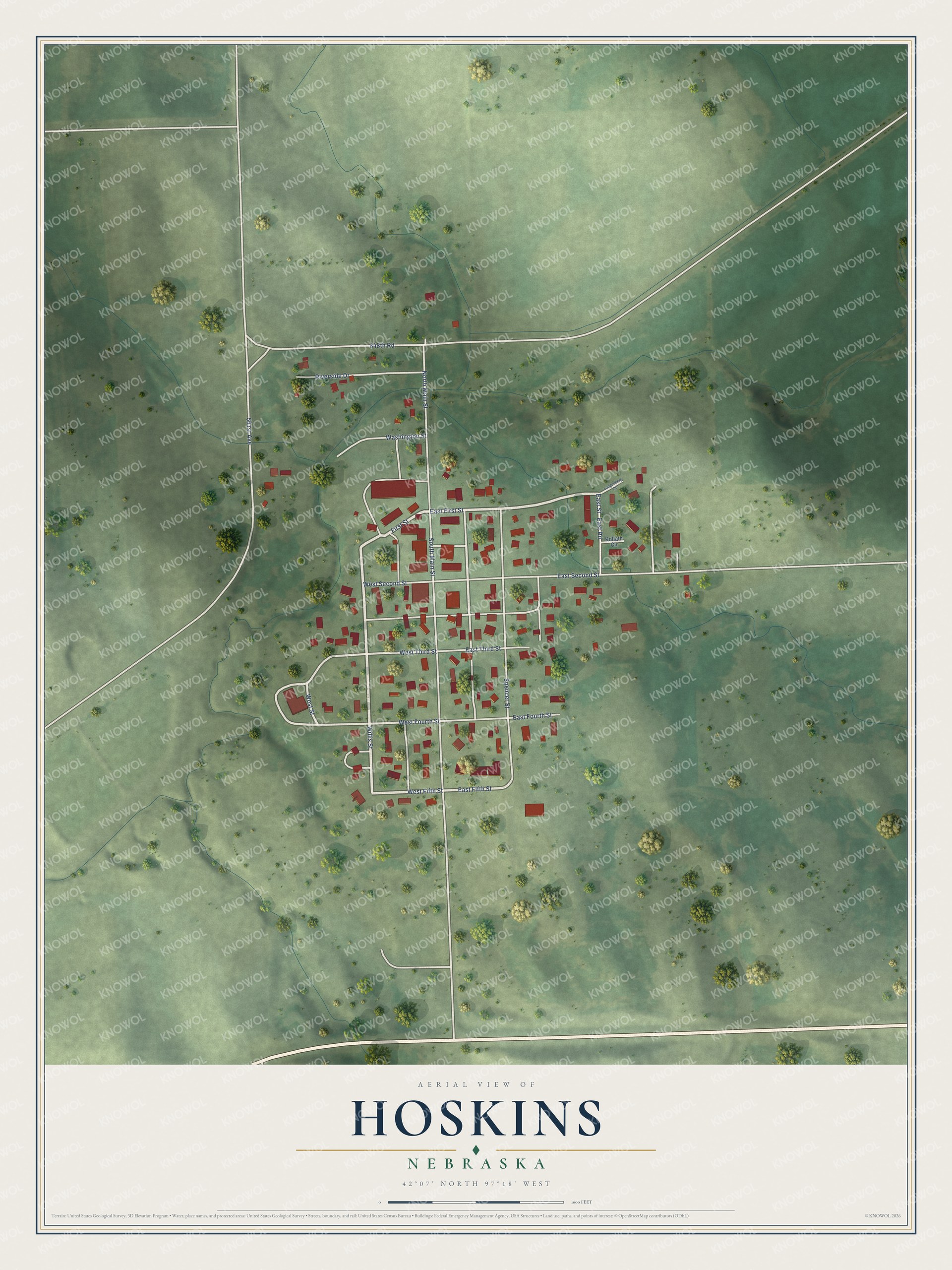 Full map of Hoskins, Nebraska, with red buildings, printed street names and the land around them