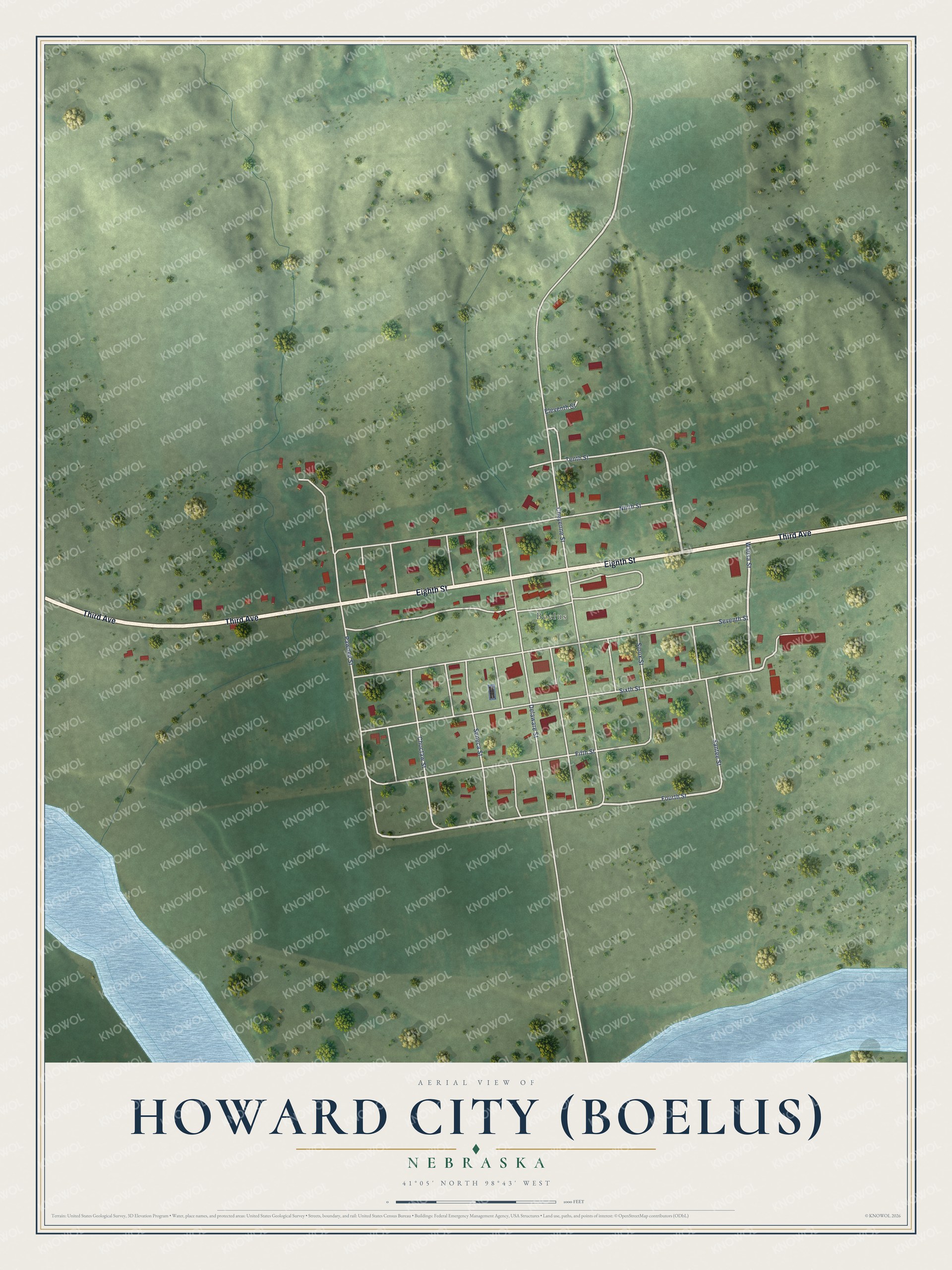 Full map of Howard City (Boelus), Nebraska, with red buildings, printed street names and the land around them