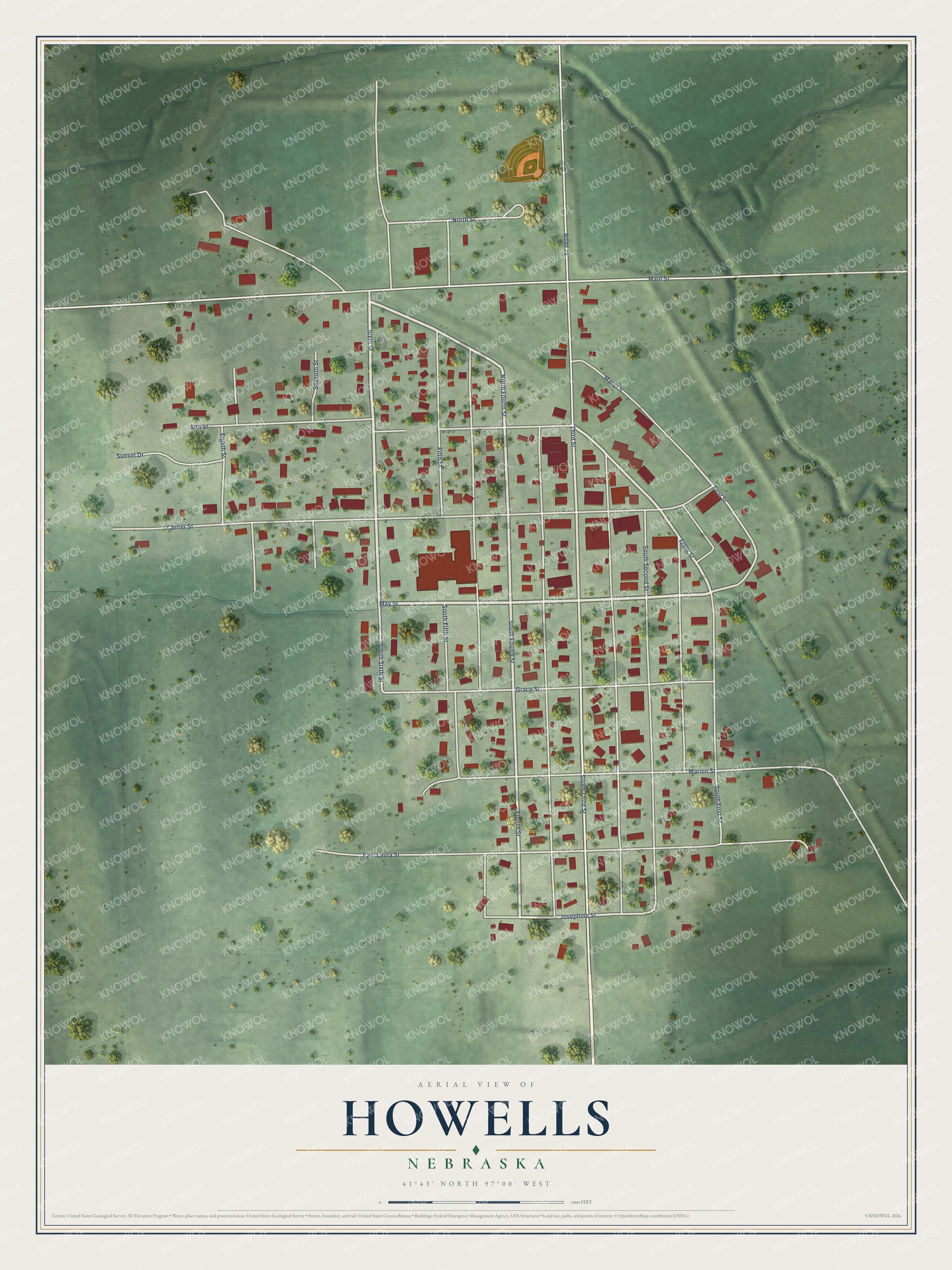 Watermarked full-map preview of Howells, Nebraska