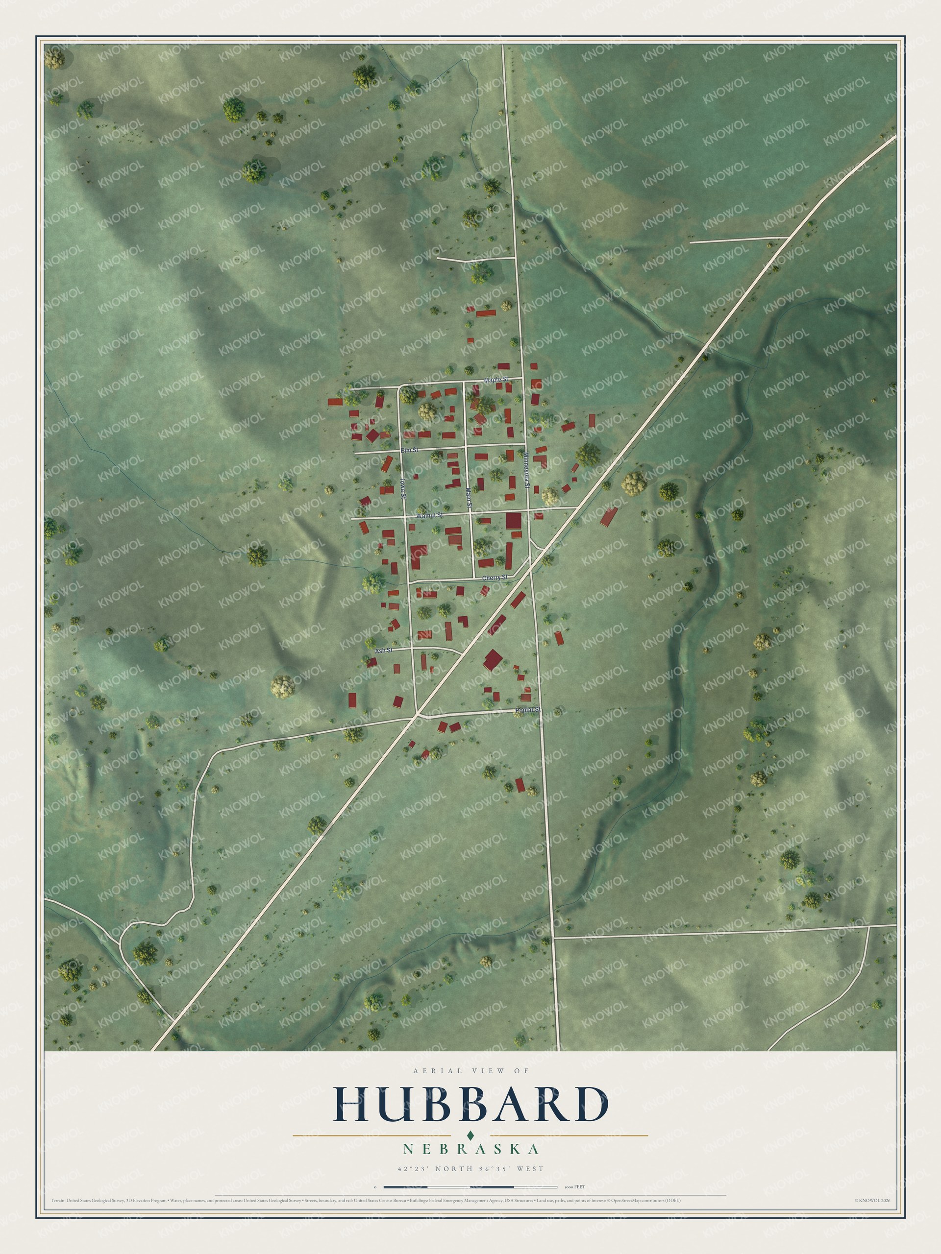 Full map of Hubbard, Nebraska, with red buildings, printed street names and the land around them