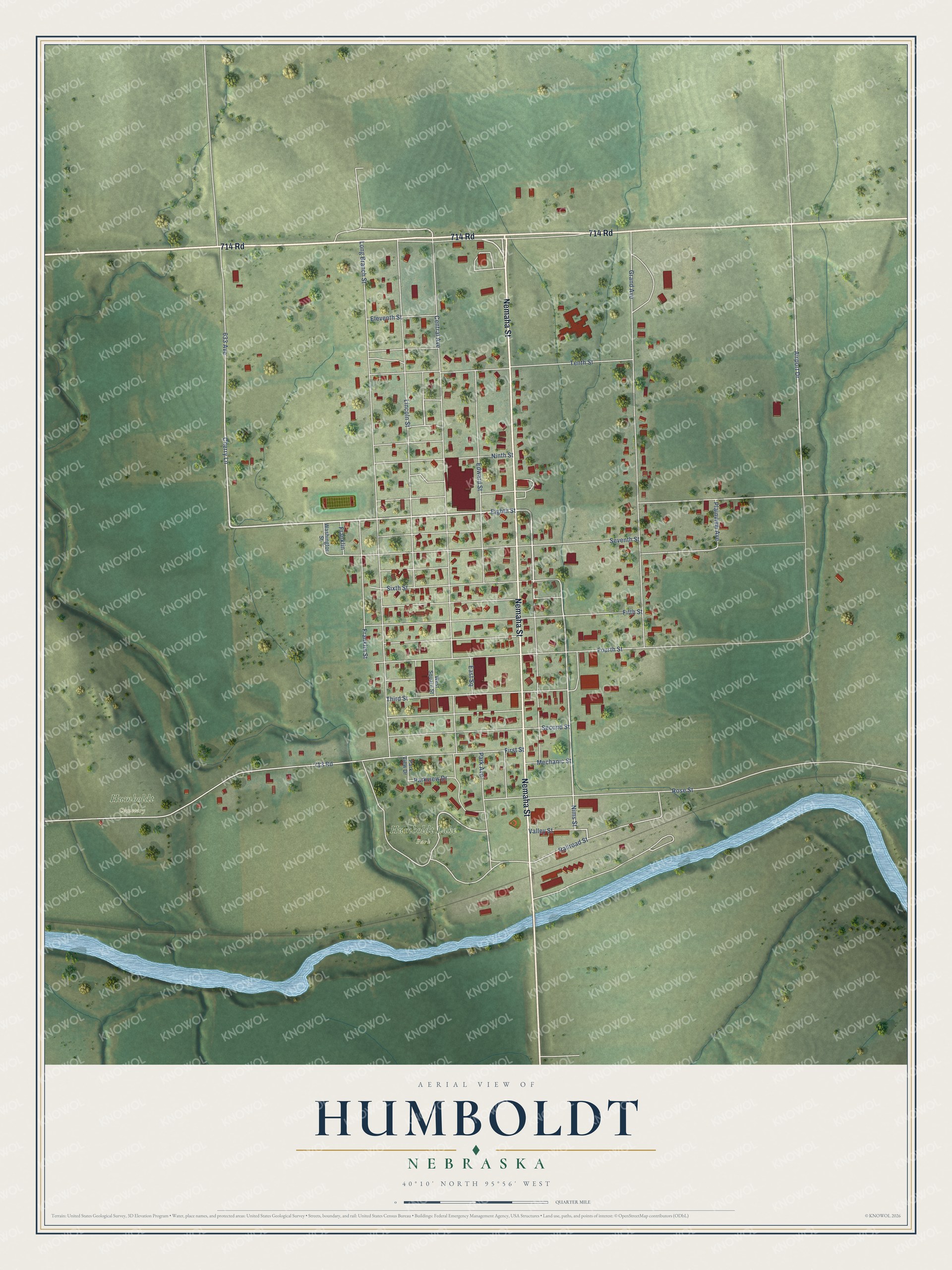 Full map of Humboldt, Nebraska, with red buildings, printed street names and the land around them