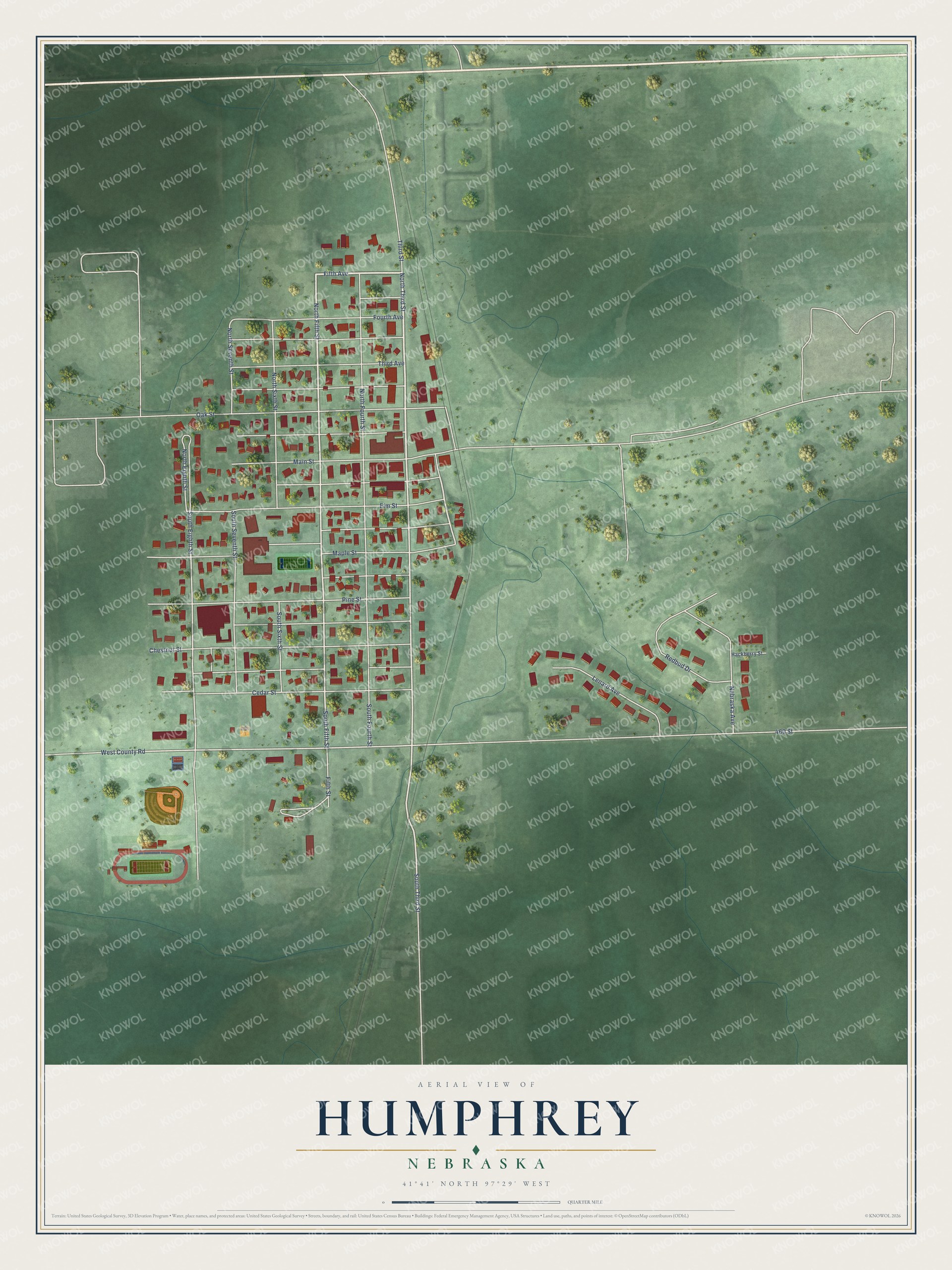 Full map of Humphrey, Nebraska, with red buildings, printed street names and the land around them