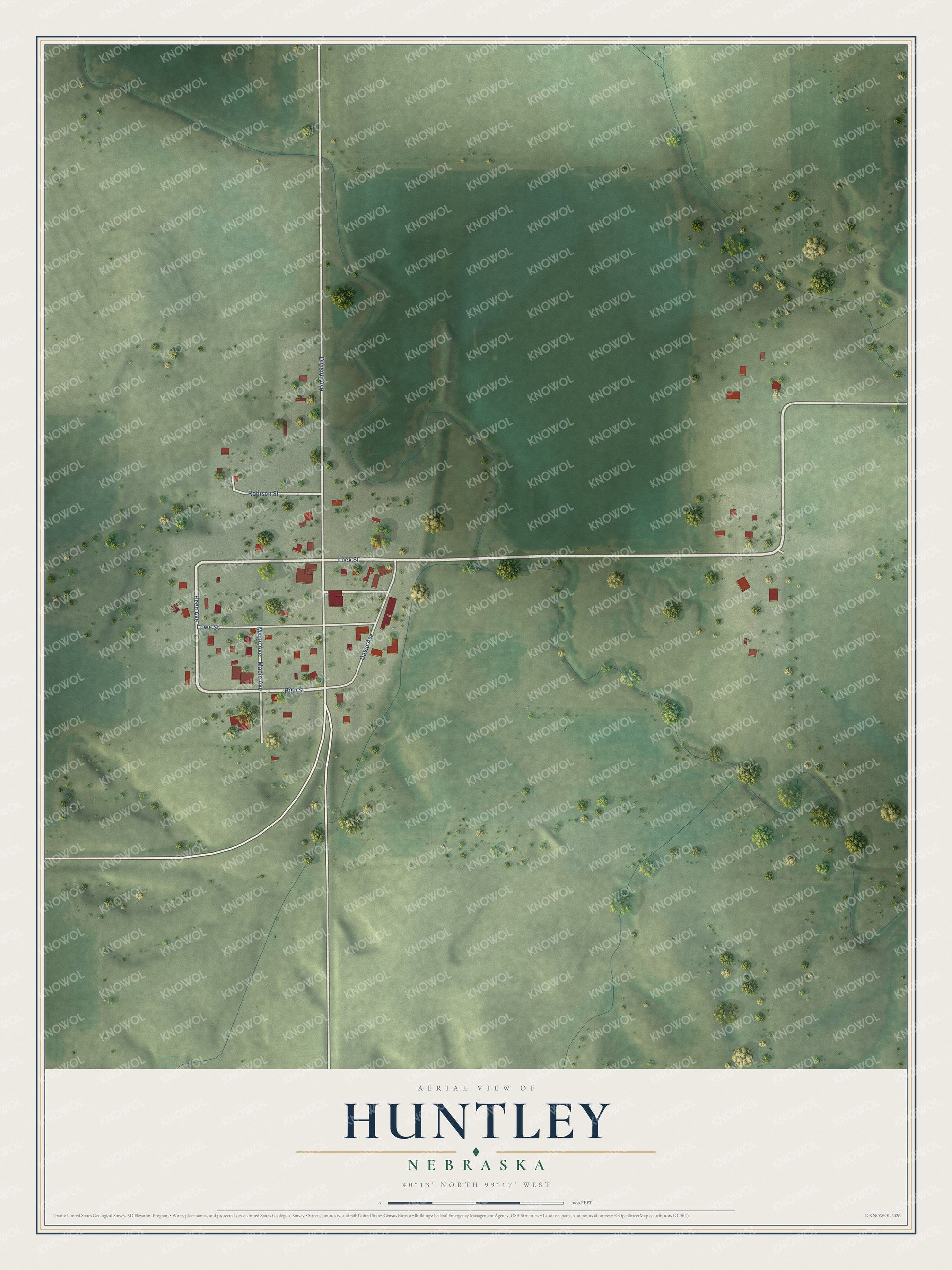Full map of Huntley, Nebraska, with red buildings, printed street names and the land around them