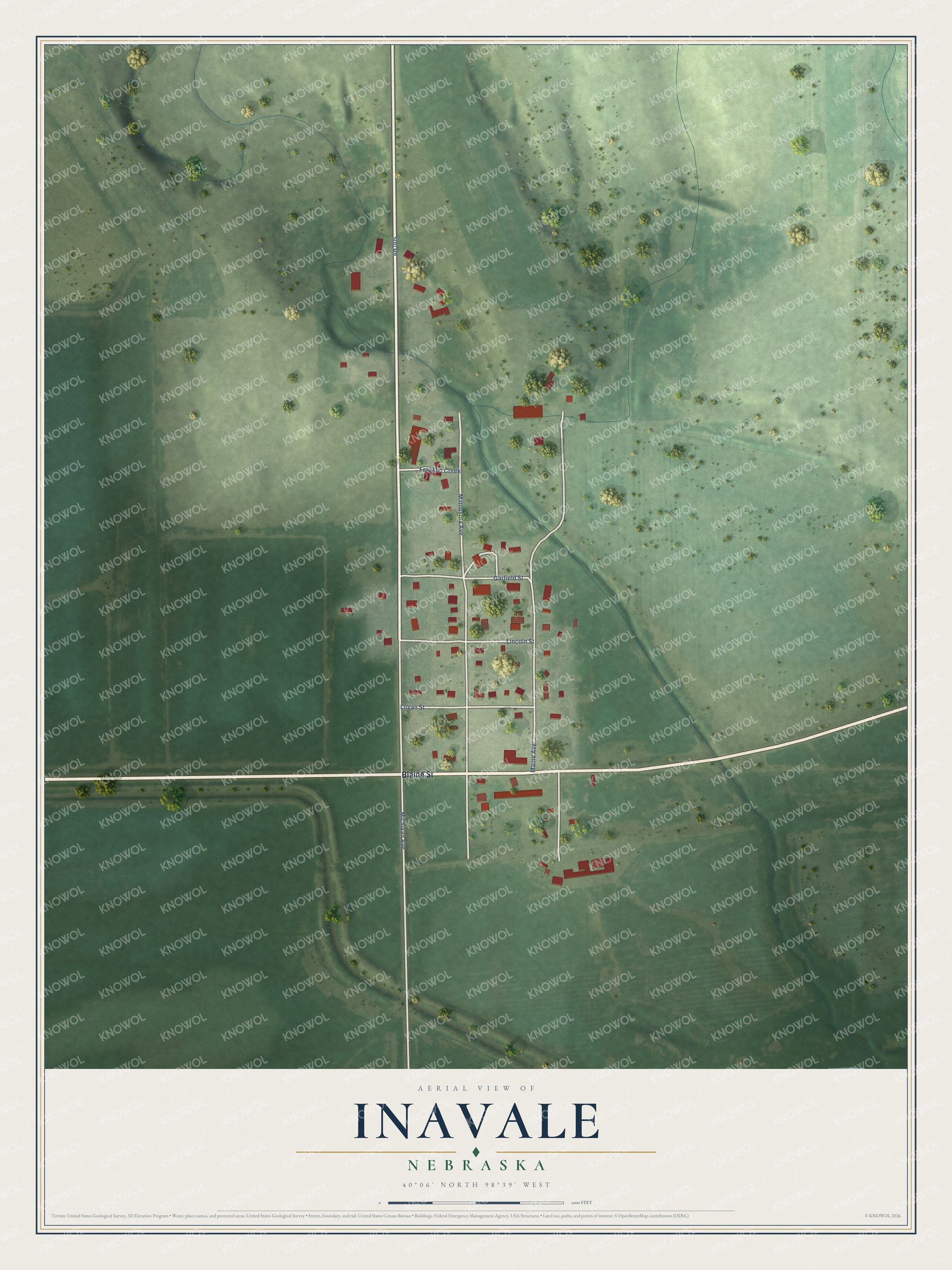 Full map of Inavale, Nebraska, with red buildings, printed street names and the land around them