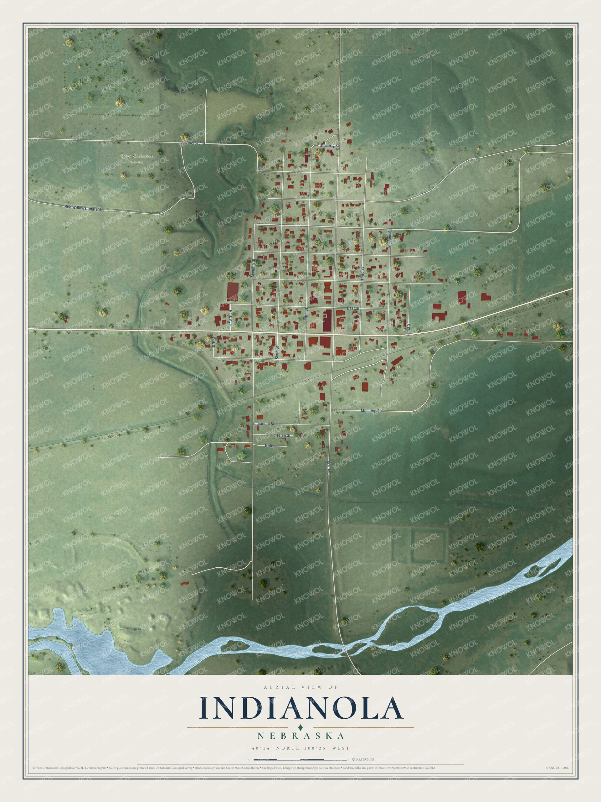 Full map of Indianola, Nebraska, with red buildings, printed street names and the land around them