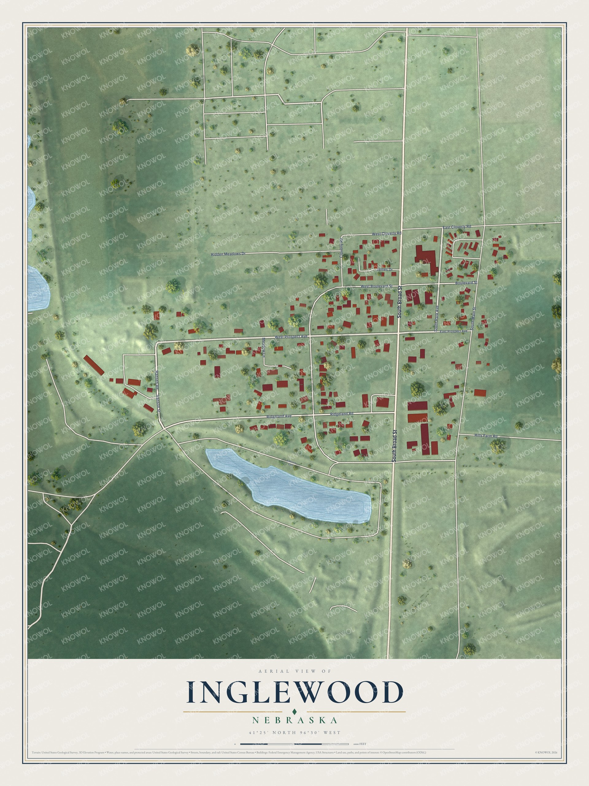 Full map of Inglewood, Nebraska, with red buildings, printed street names and the land around them