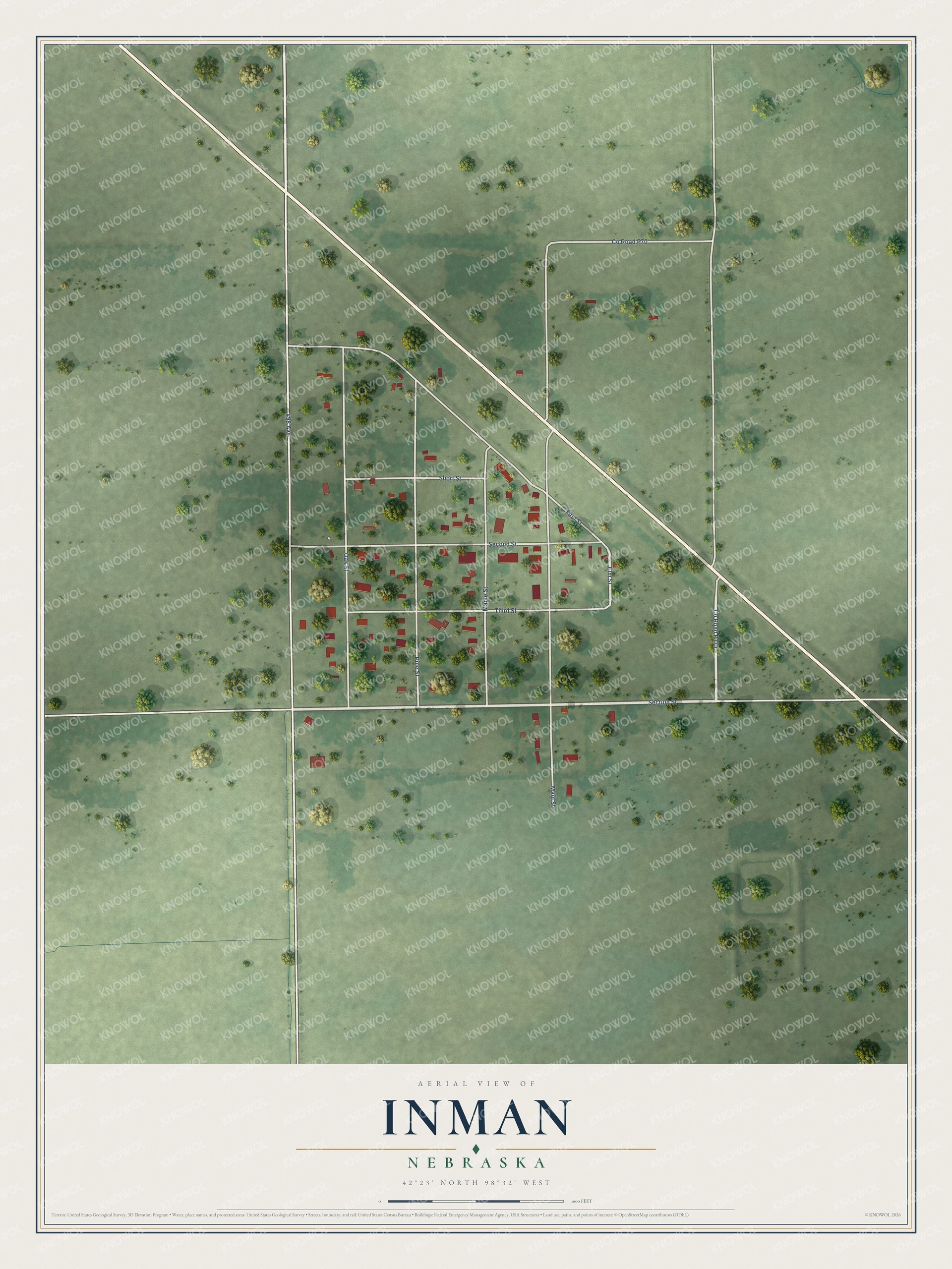 Full map of Inman, Nebraska, with red buildings, printed street names and the land around them