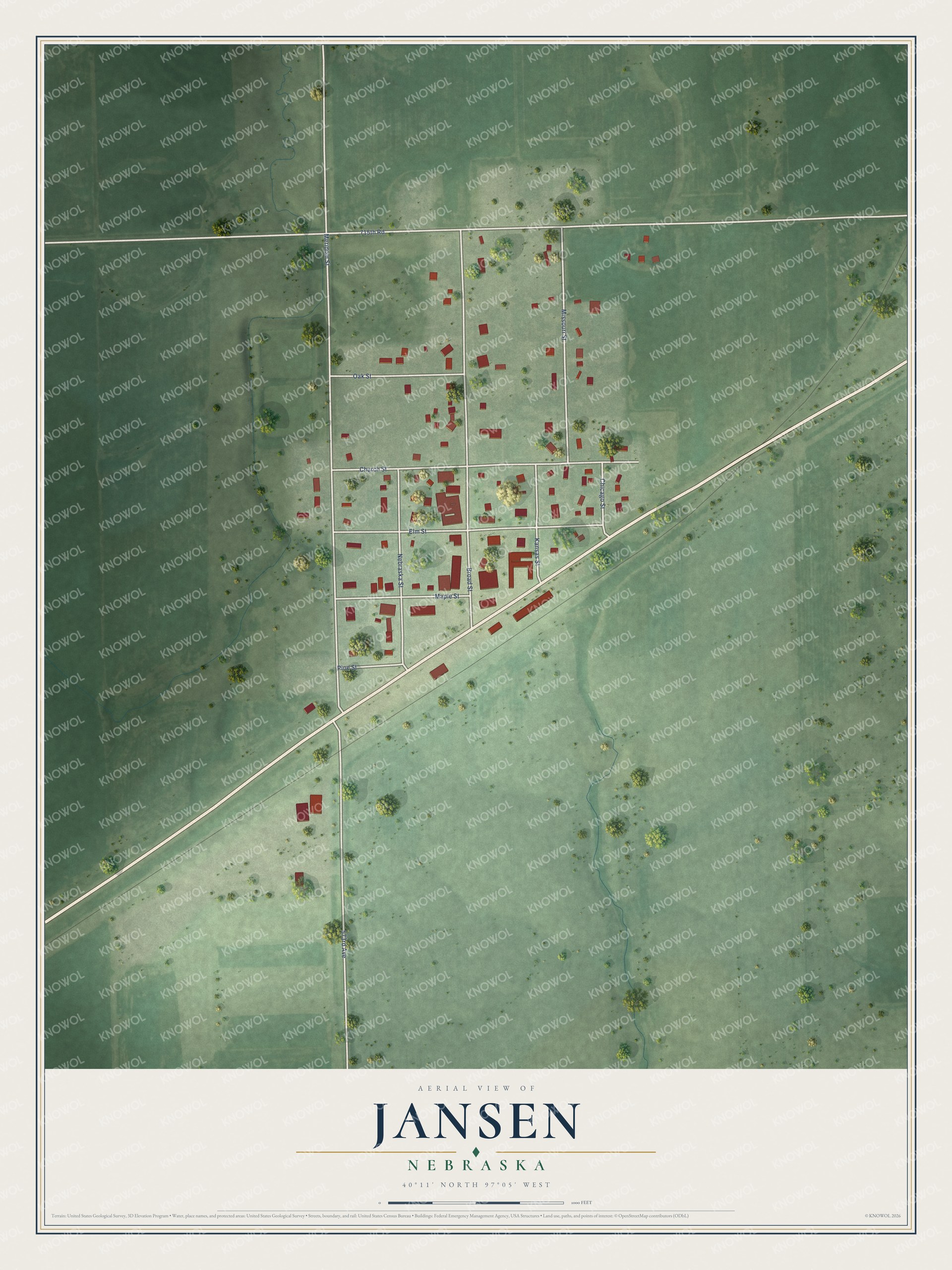 Full map of Jansen, Nebraska, with red buildings, printed street names and the land around them