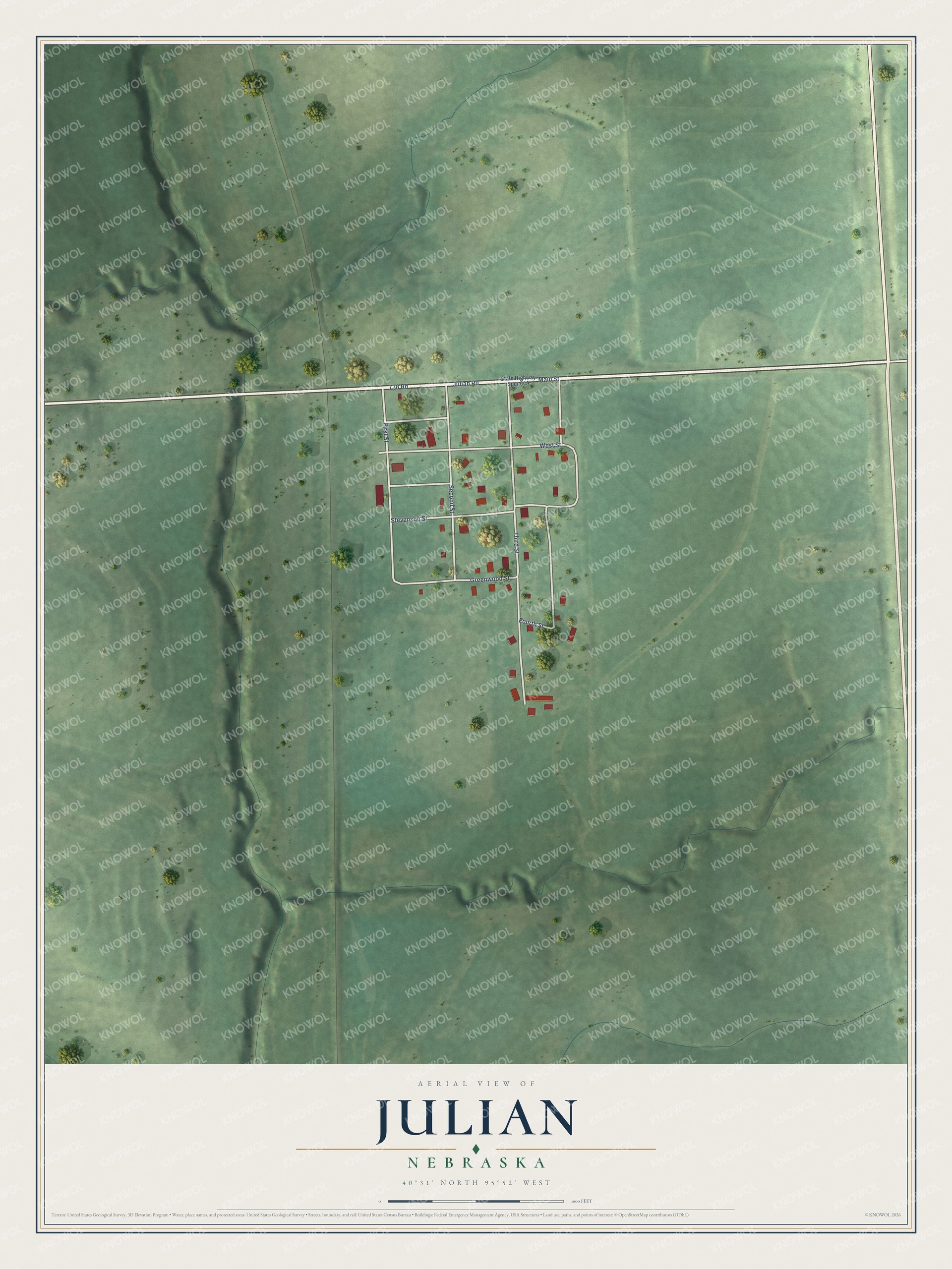 Full map of Julian, Nebraska, with red buildings, printed street names and the land around them