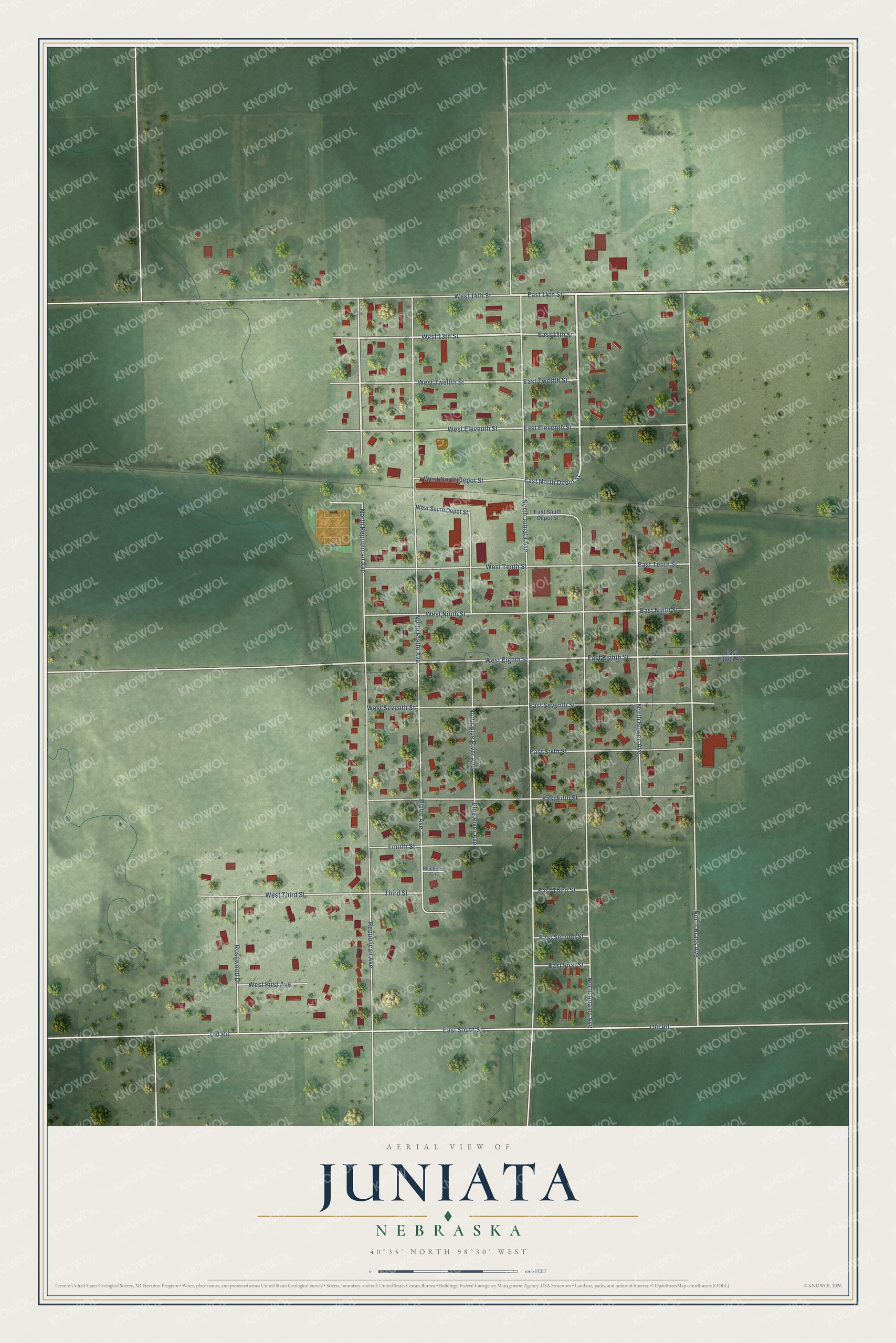 Full map of Juniata, Nebraska, with red buildings, printed street names and the land around them