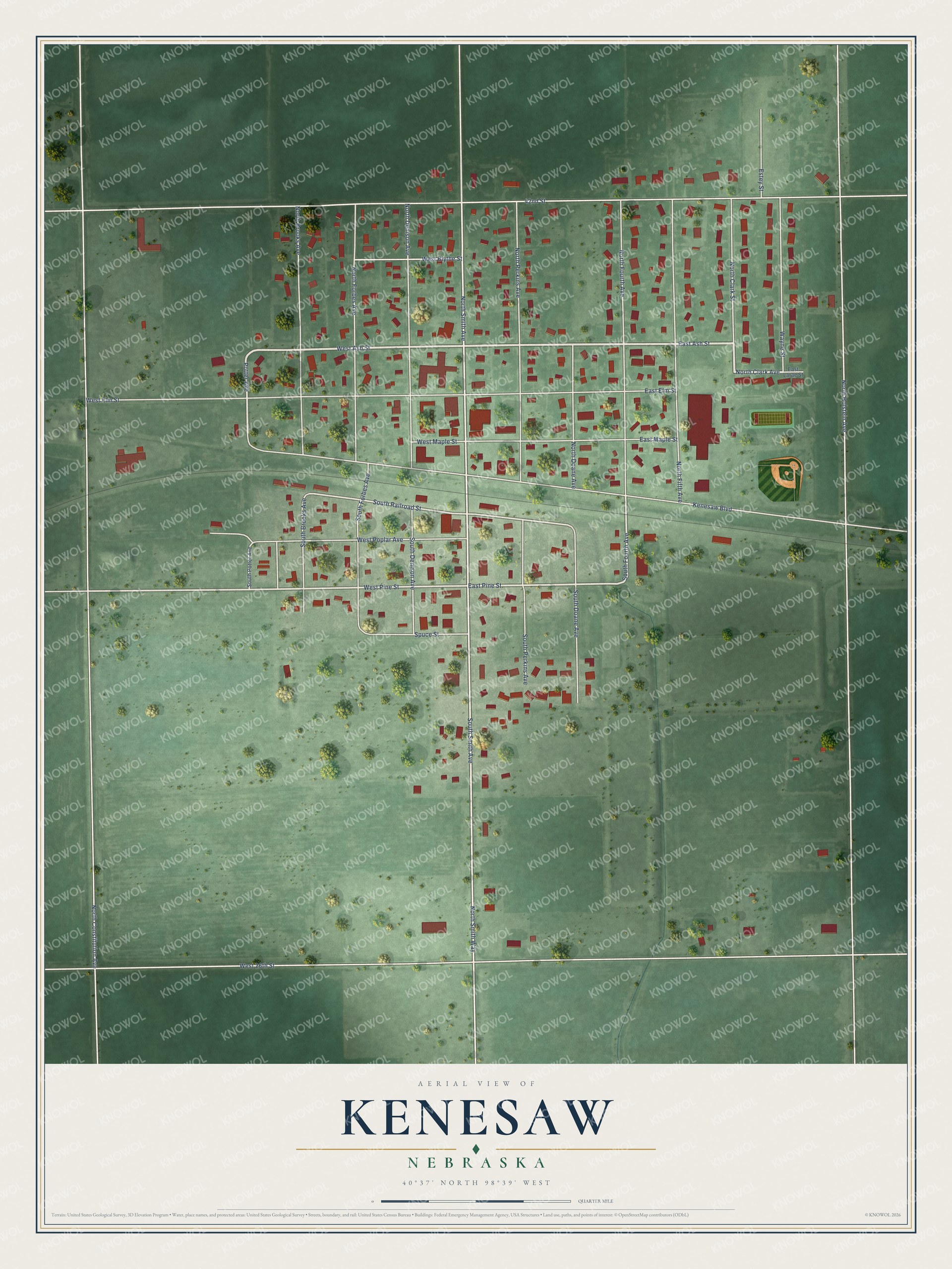 Full map of Kenesaw, Nebraska, with red buildings, printed street names and the land around them