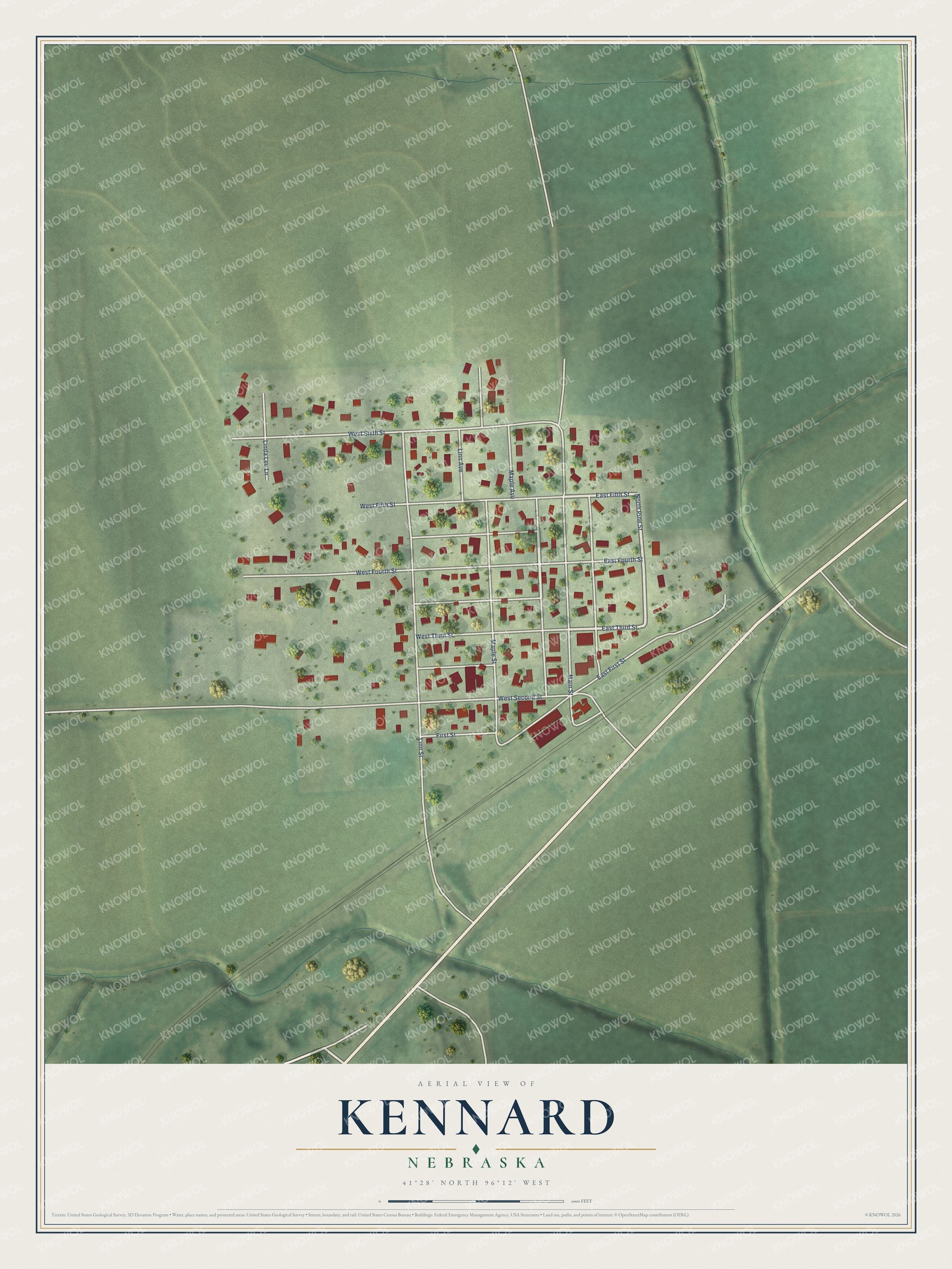 Full map of Kennard, Nebraska, with red buildings, printed street names and the land around them