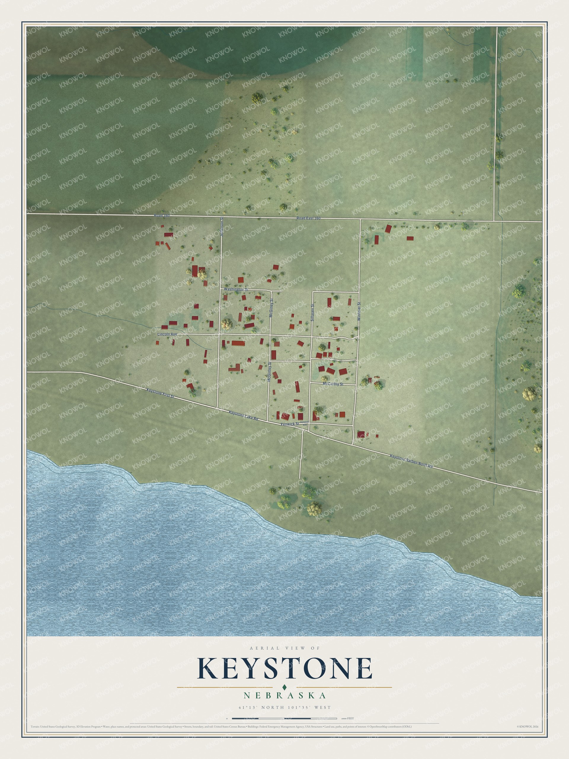 Full map of Keystone, Nebraska, with red buildings, printed street names and the land around them