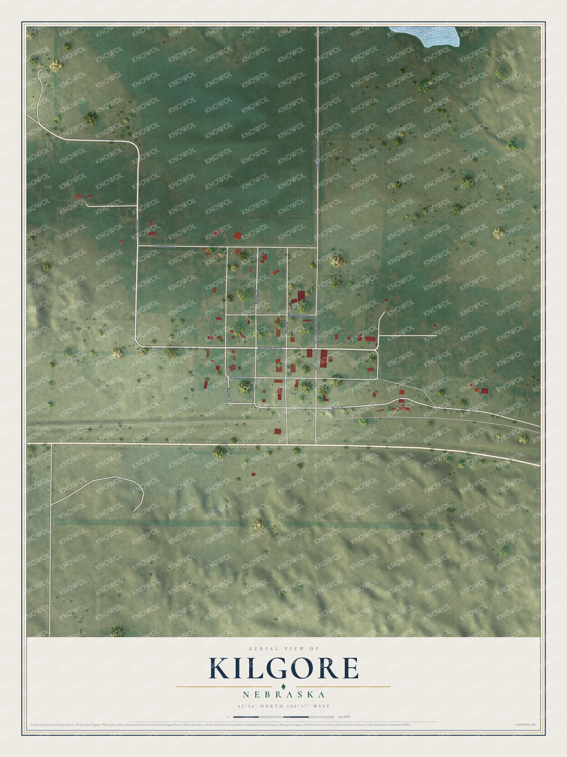 Full map of Kilgore, Nebraska, with red buildings, printed street names and the land around them