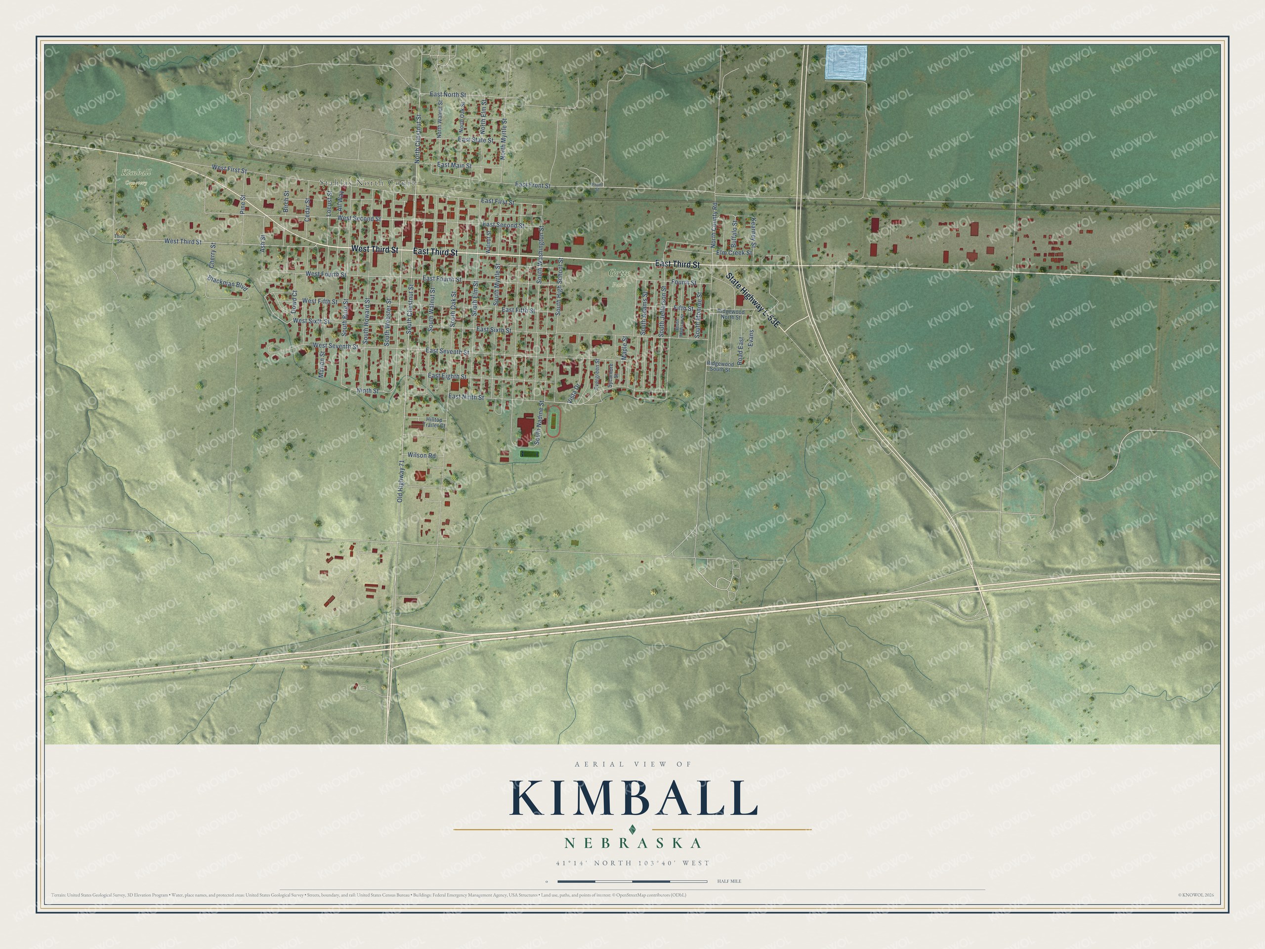 Full map of Kimball, Nebraska, with red buildings, printed street names and the land around them