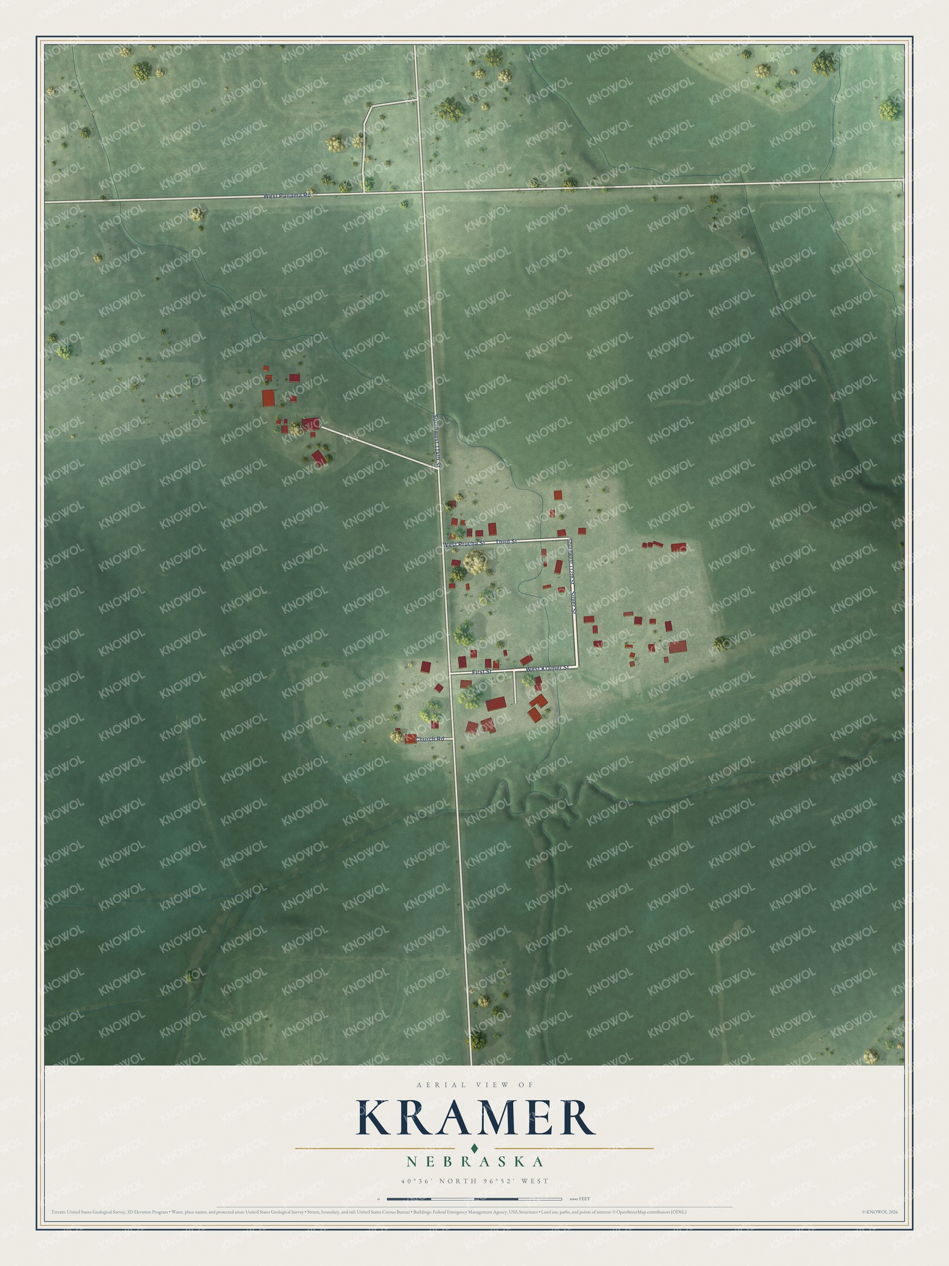 Full map of Kramer, Nebraska, with red buildings, printed street names and the land around them
