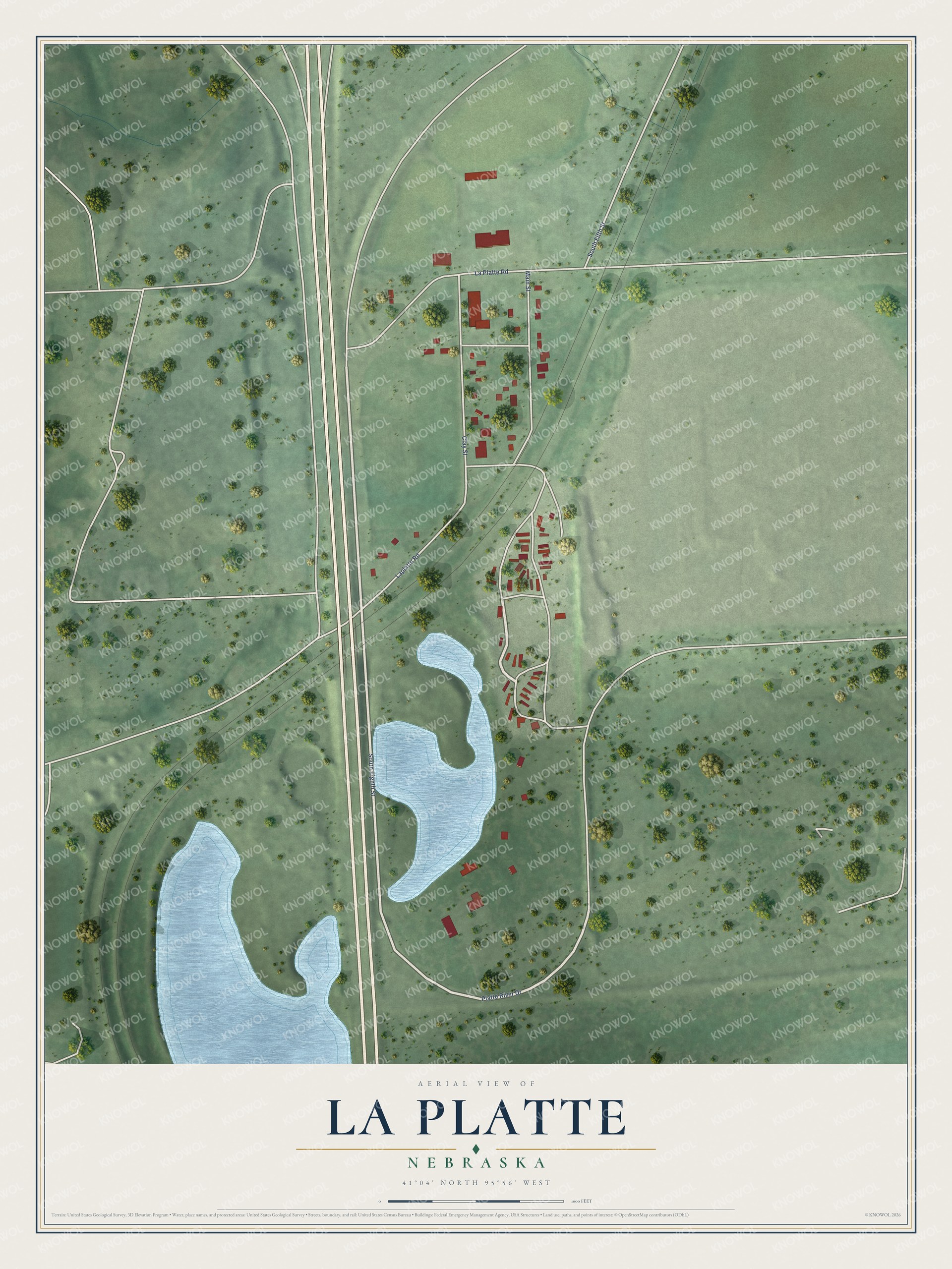 Full map of La Platte, Nebraska, with red buildings, printed street names and the land around them