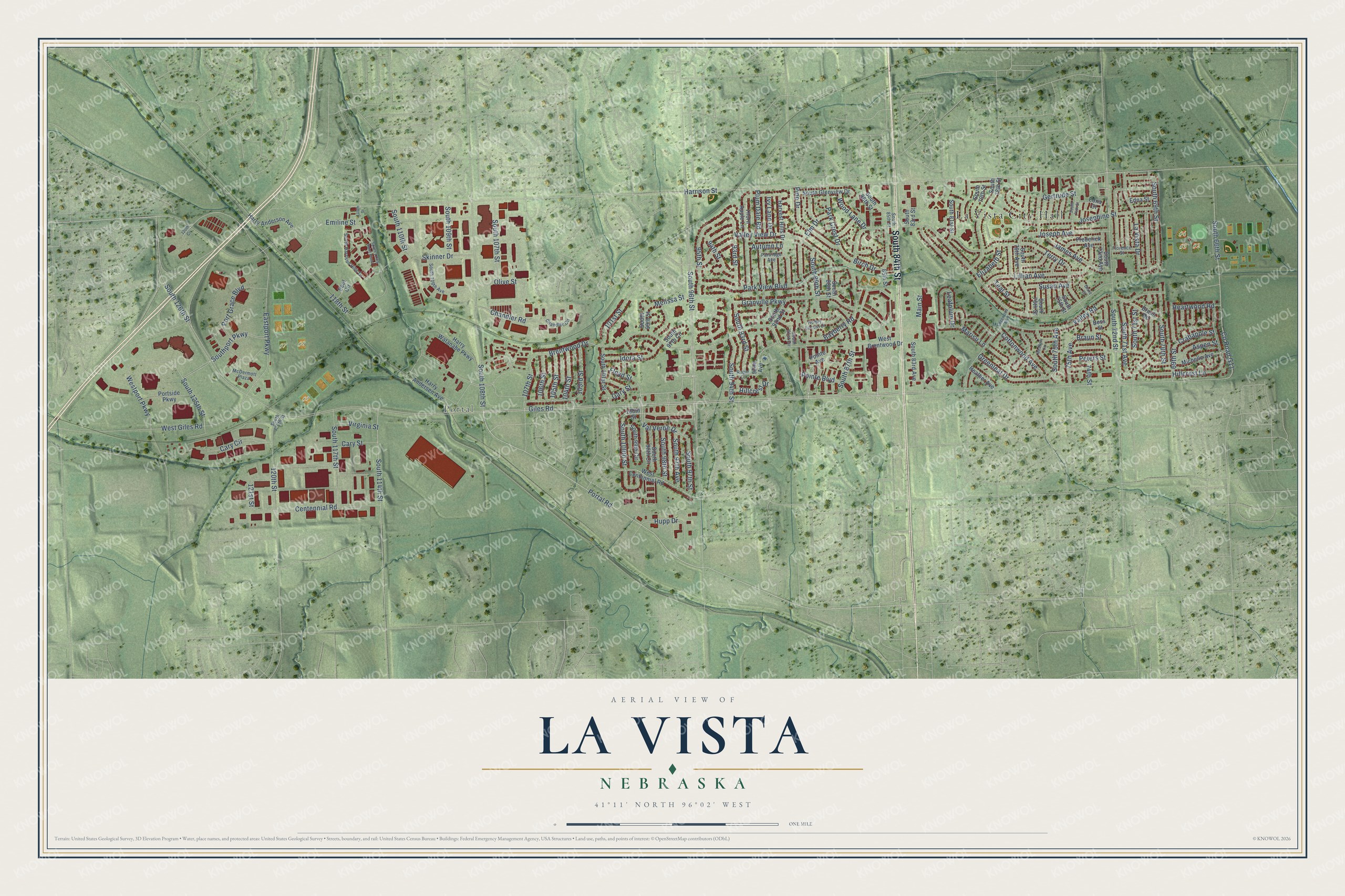 Full map of La Vista, Nebraska, with red buildings, printed street names and the land around them