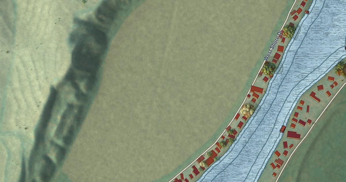 Close-up of streets and buildings in Lake Waconda, Nebraska