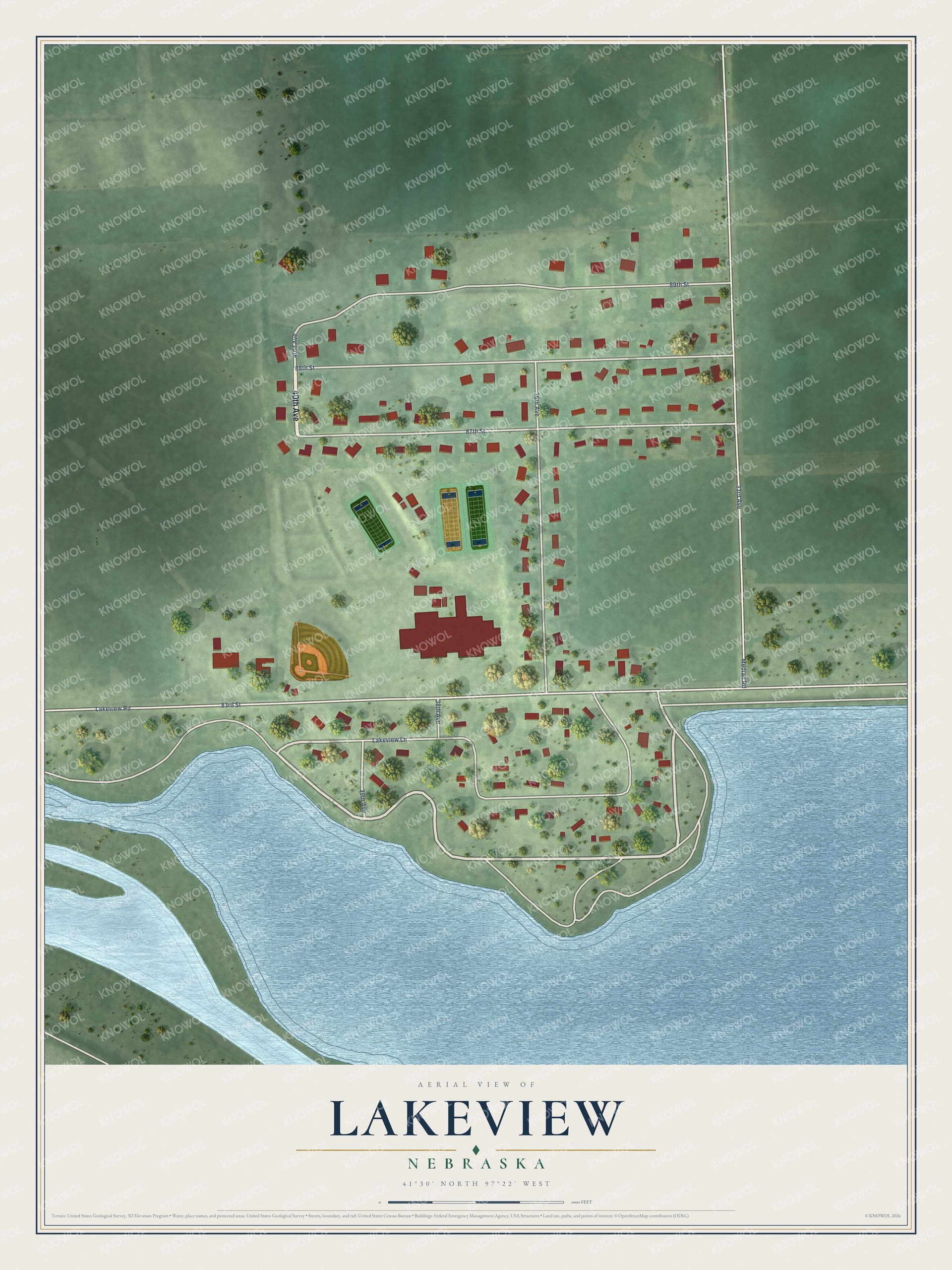 Full map of Lakeview, Nebraska, with red buildings, printed street names and the land around them