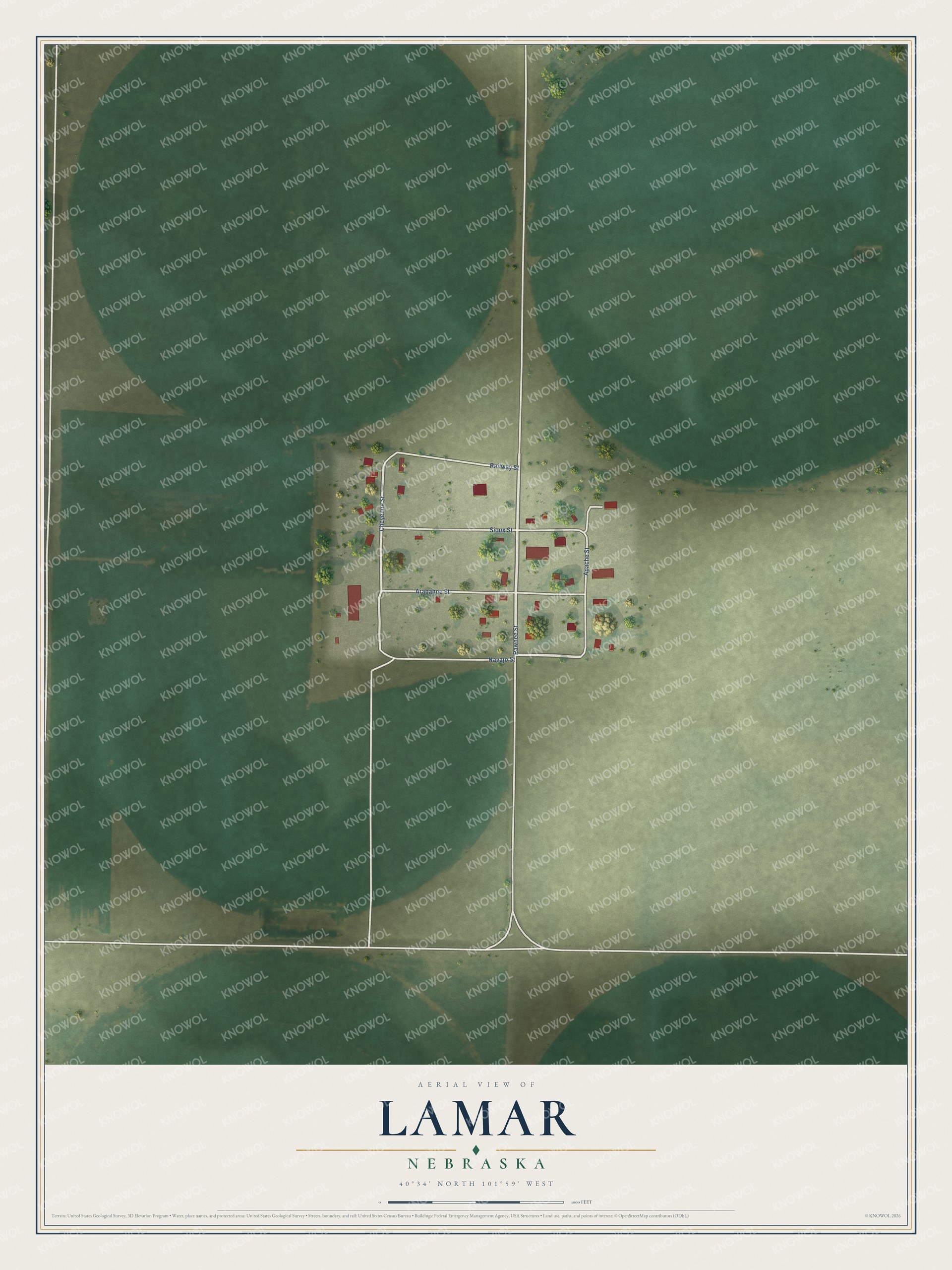 Full map of Lamar, Nebraska, with red buildings, printed street names and the land around them
