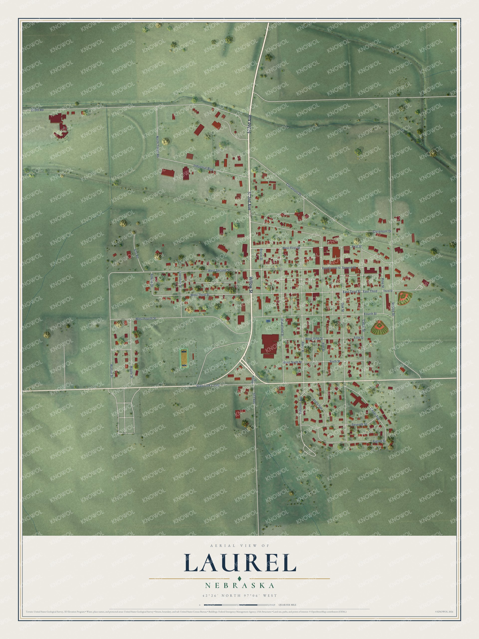 Full map of Laurel, Nebraska, with red buildings, printed street names and the land around them