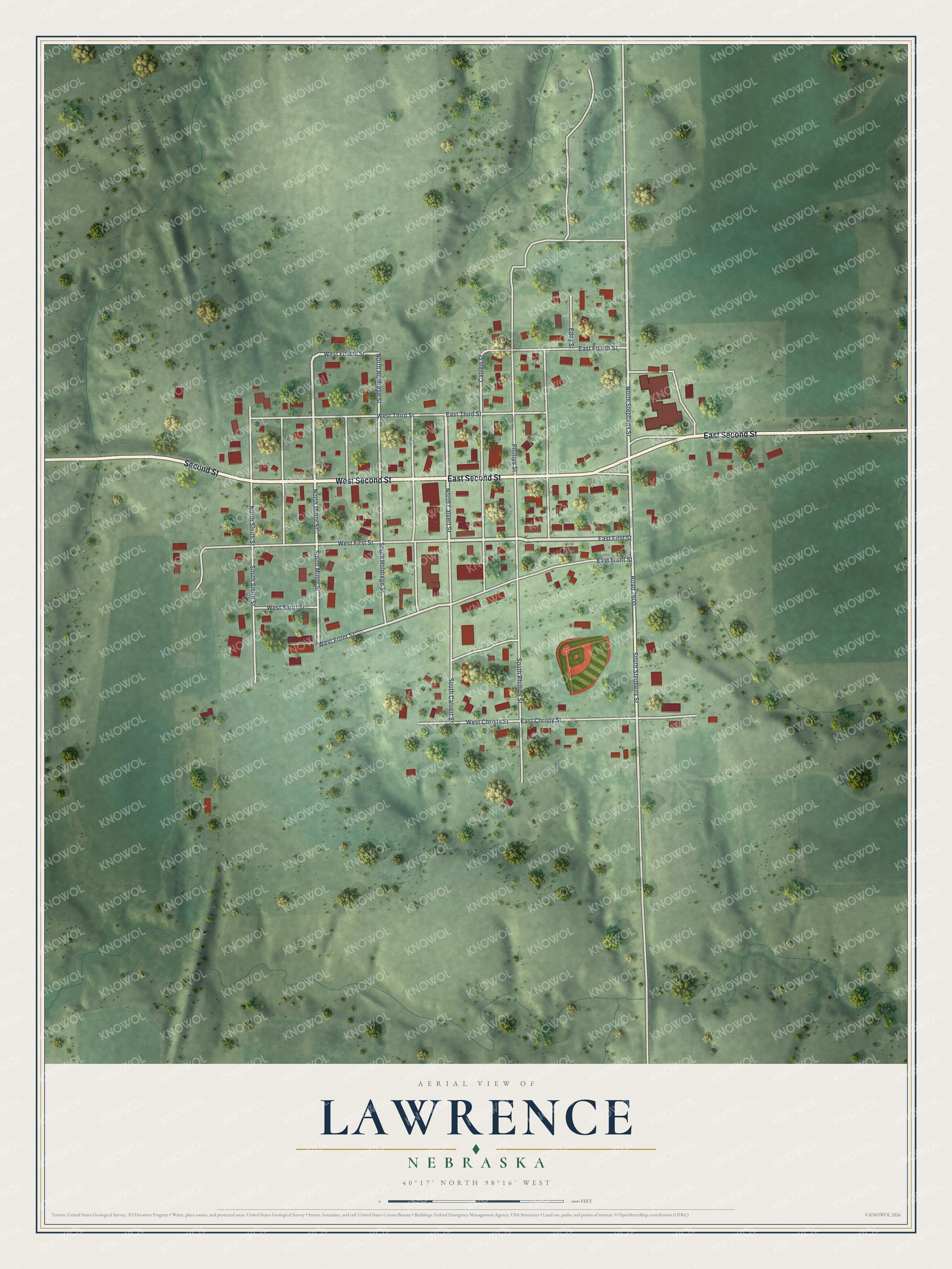 Full map of Lawrence, Nebraska, with red buildings, printed street names and the land around them