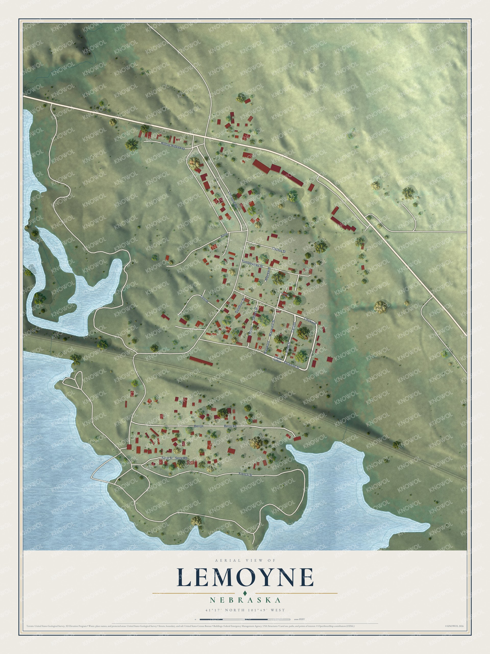 Full map of Lemoyne, Nebraska, with red buildings, printed street names and the land around them