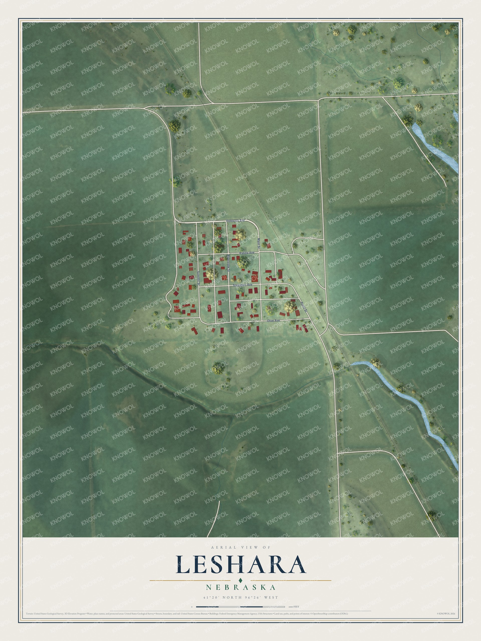Full map of Leshara, Nebraska, with red buildings, printed street names and the land around them