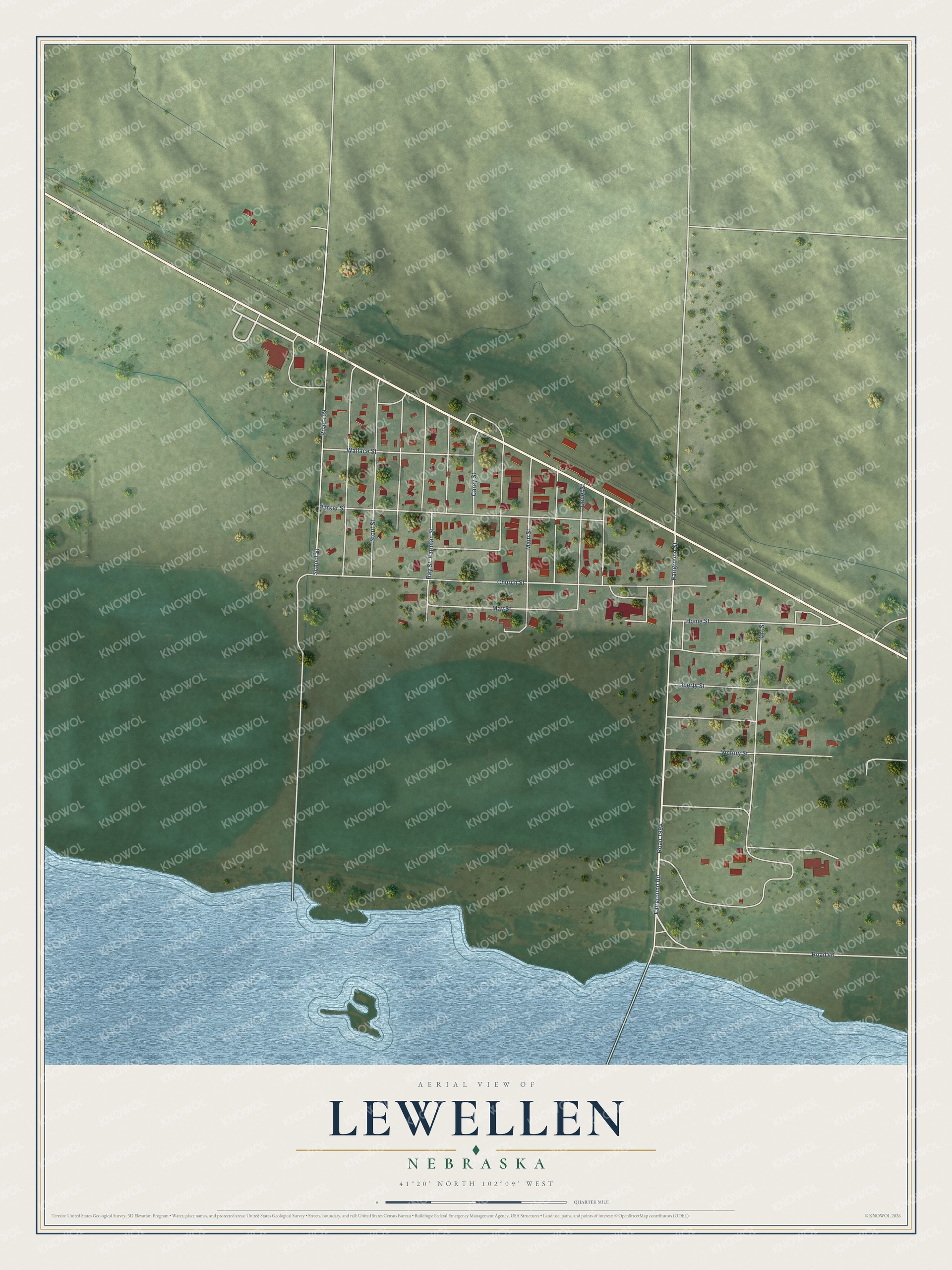 Full map of Lewellen, Nebraska, with red buildings, printed street names and the land around them