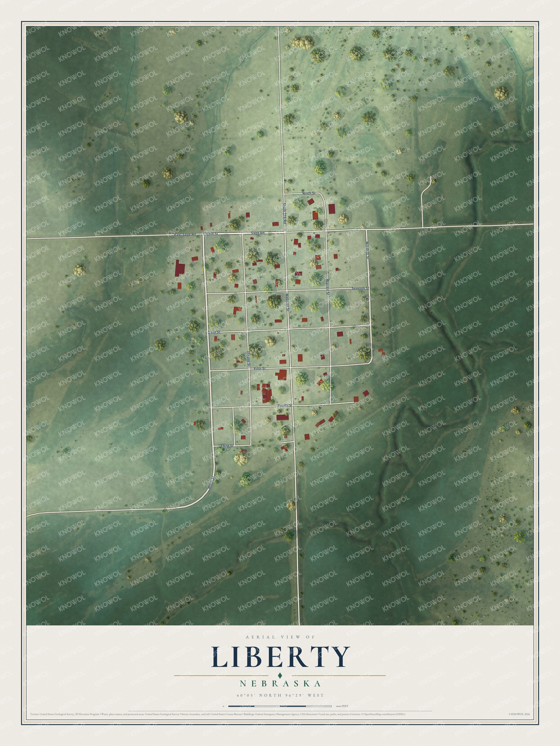 Full map of Liberty, Nebraska, with red buildings, printed street names and the land around them